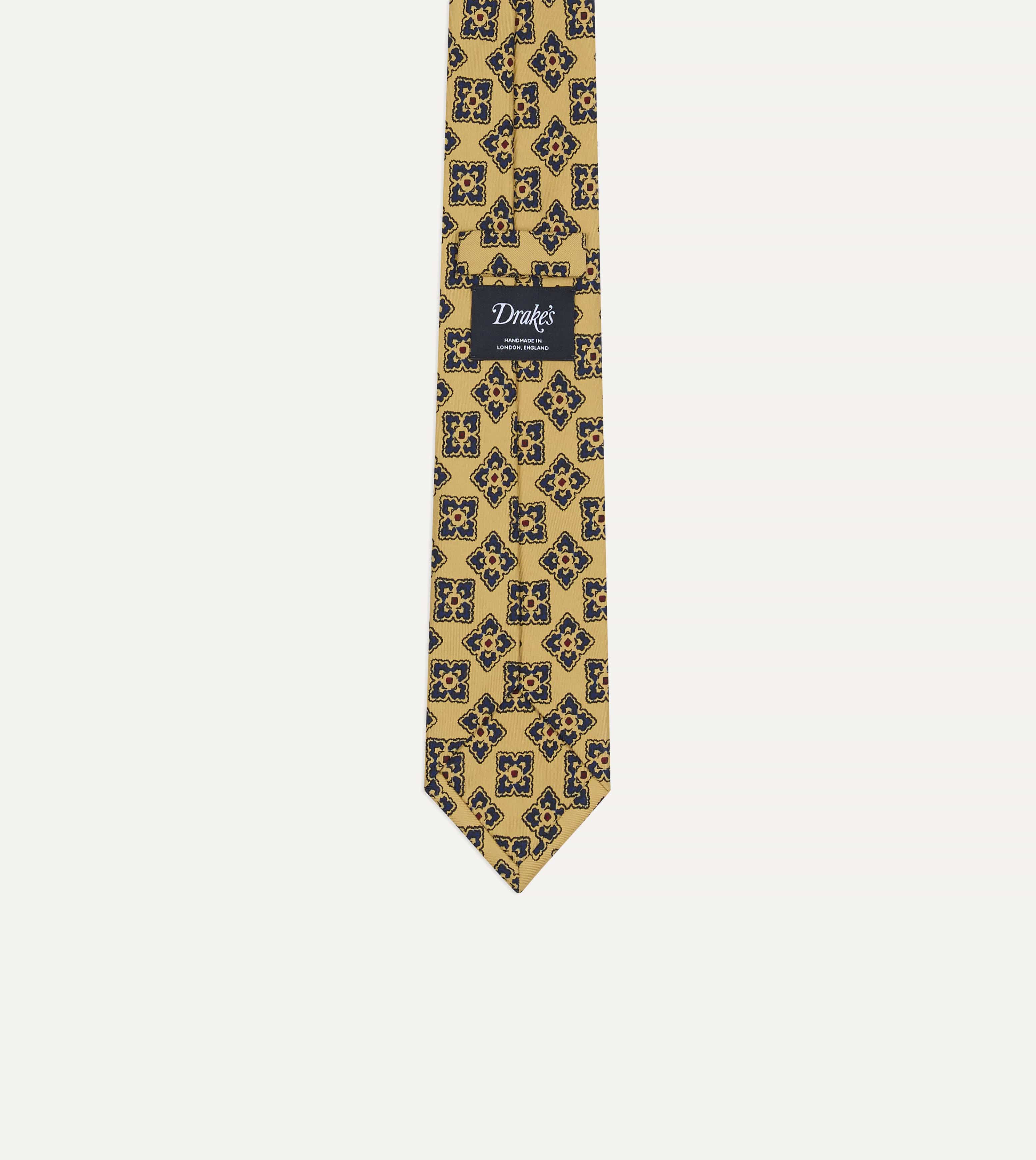 Yellow and Navy Large Flowers Tile Print Silk Self-Tipped Tie