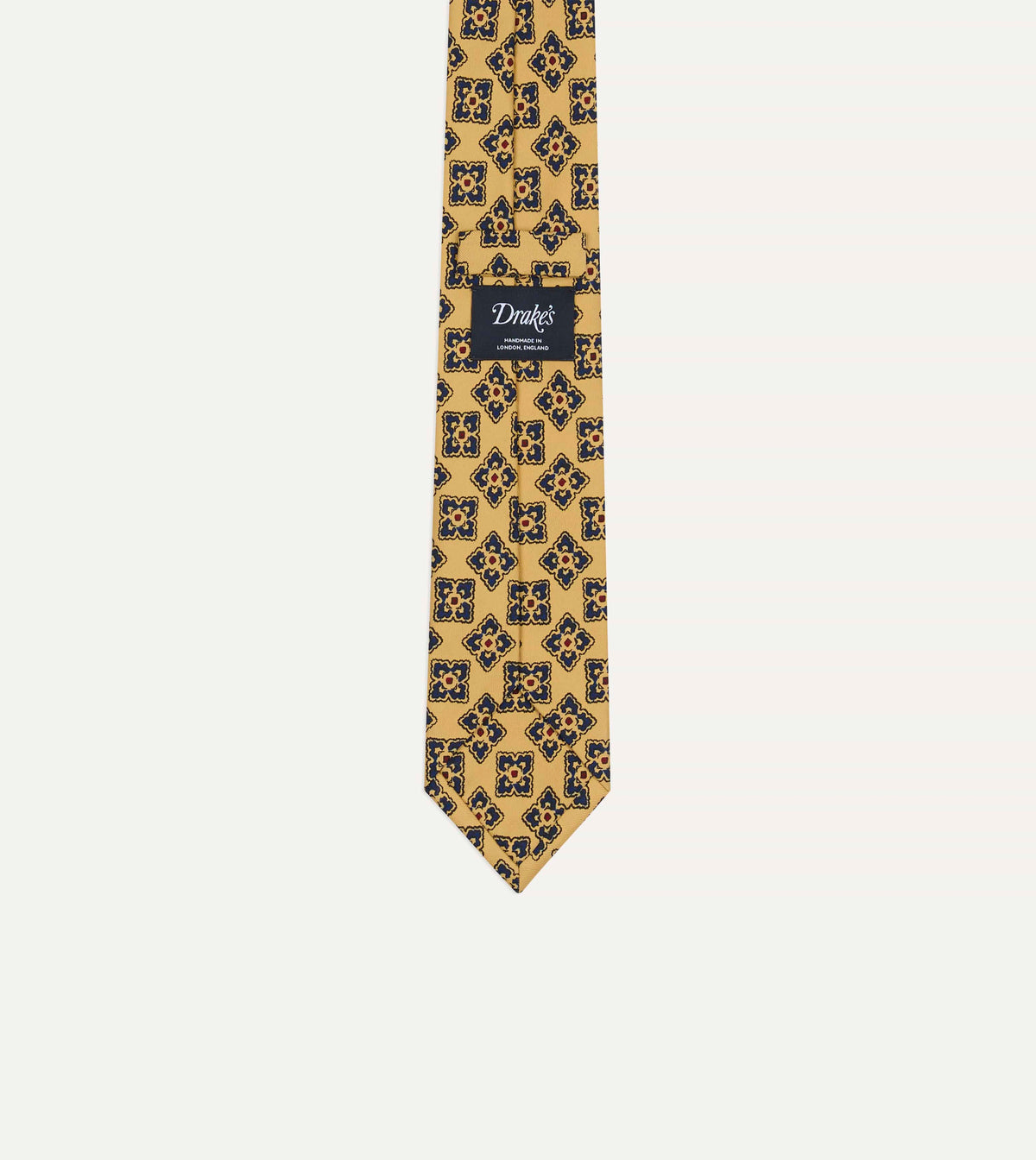 Yellow and Navy Large Flowers Tile Print Silk Self-Tipped Tie