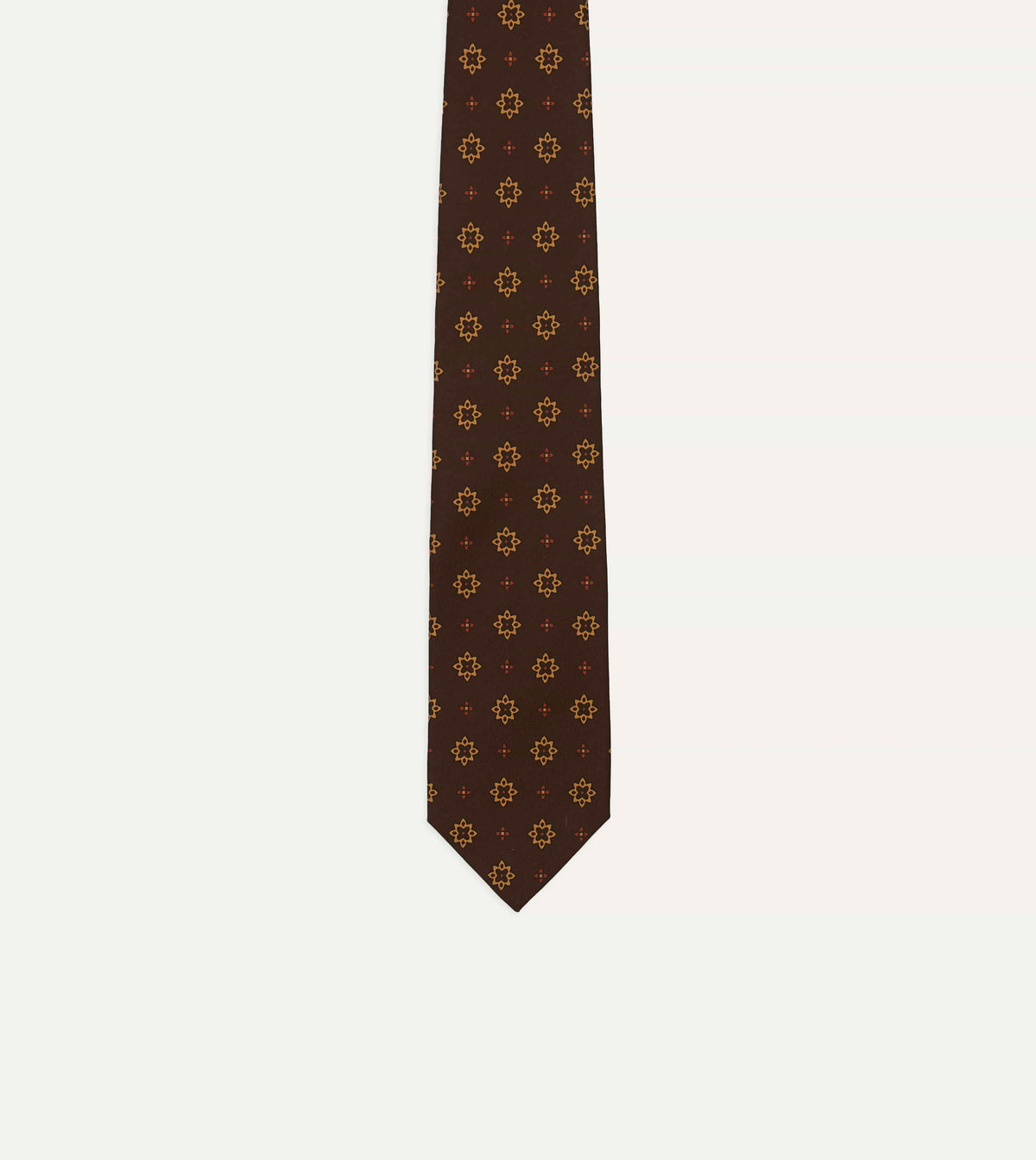 Brown Star Flowers Tile Print Silk Self-Tipped Tie