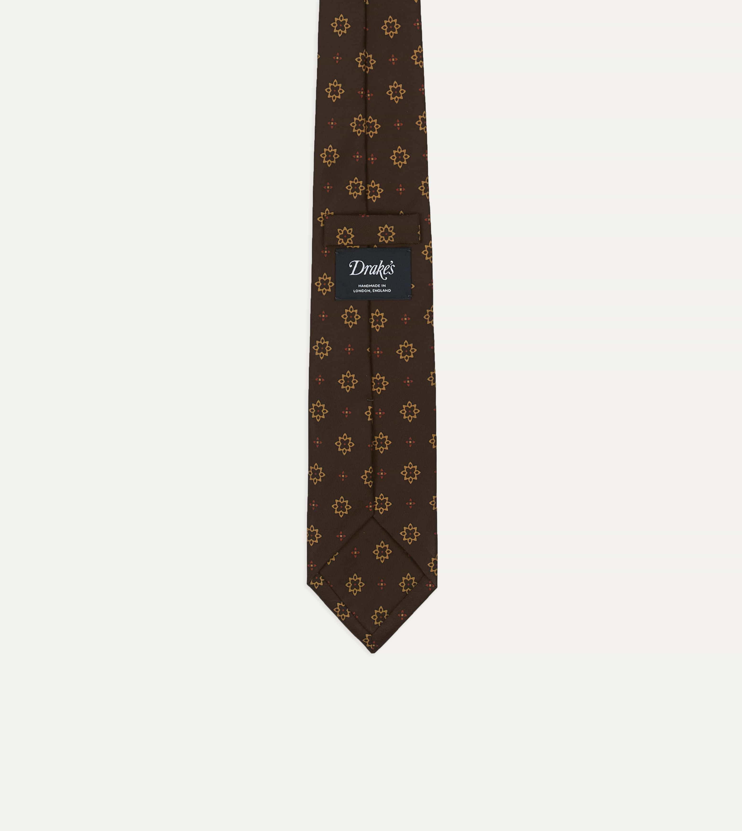 Brown Star Flowers Tile Print Silk Self-Tipped Tie