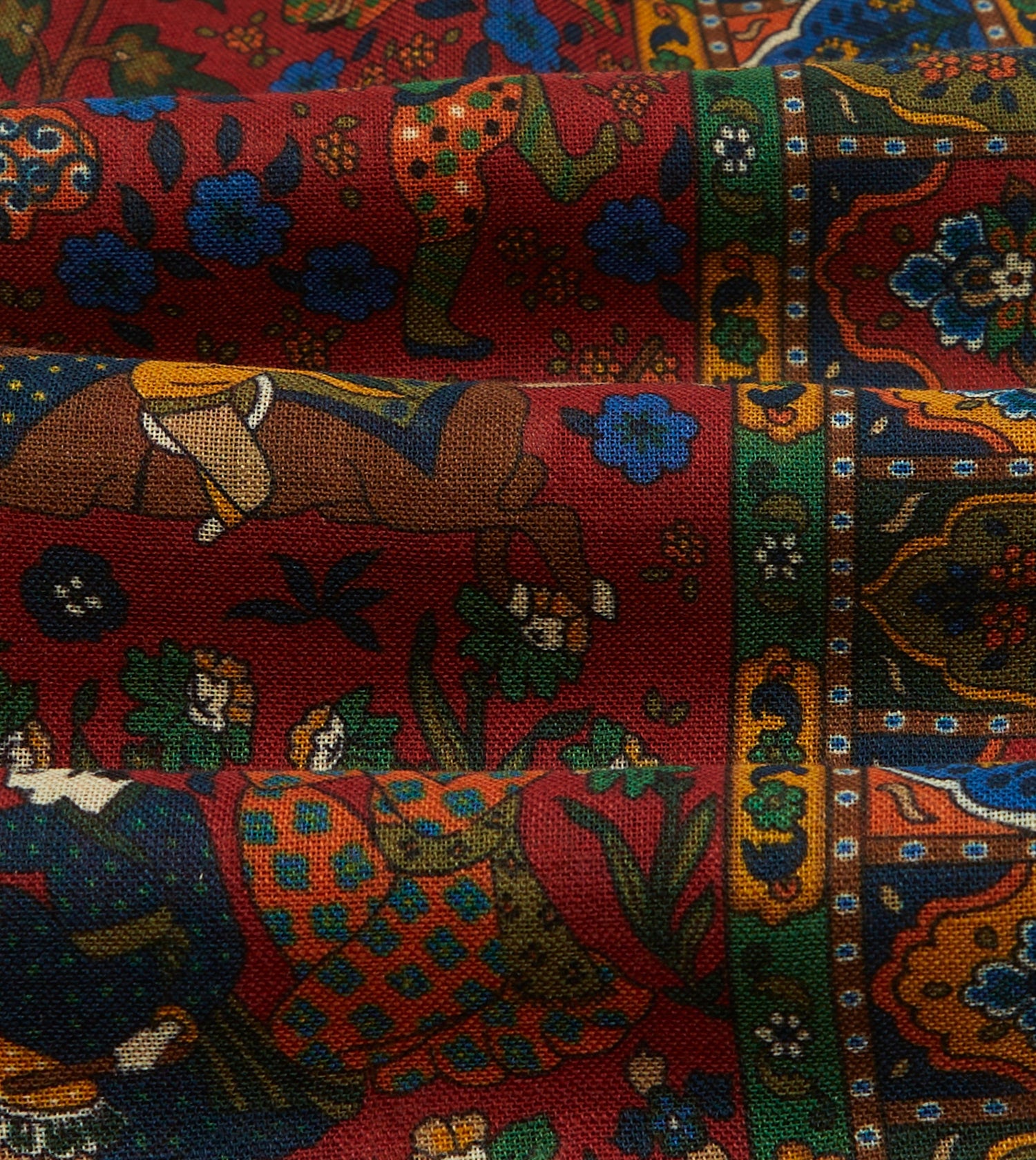 Red Mughal Hunter Print Wool-Silk Scarf