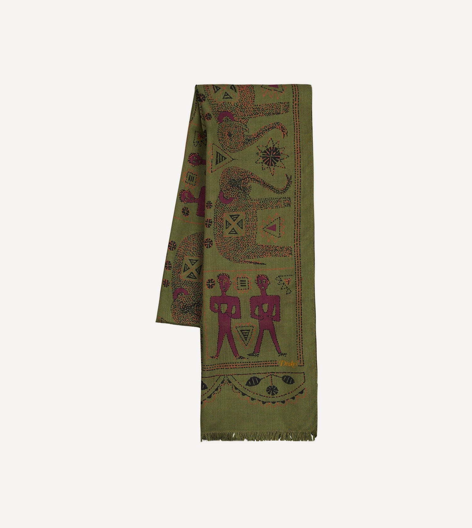 Olive Elephant Print Wool-Silk Scarf
