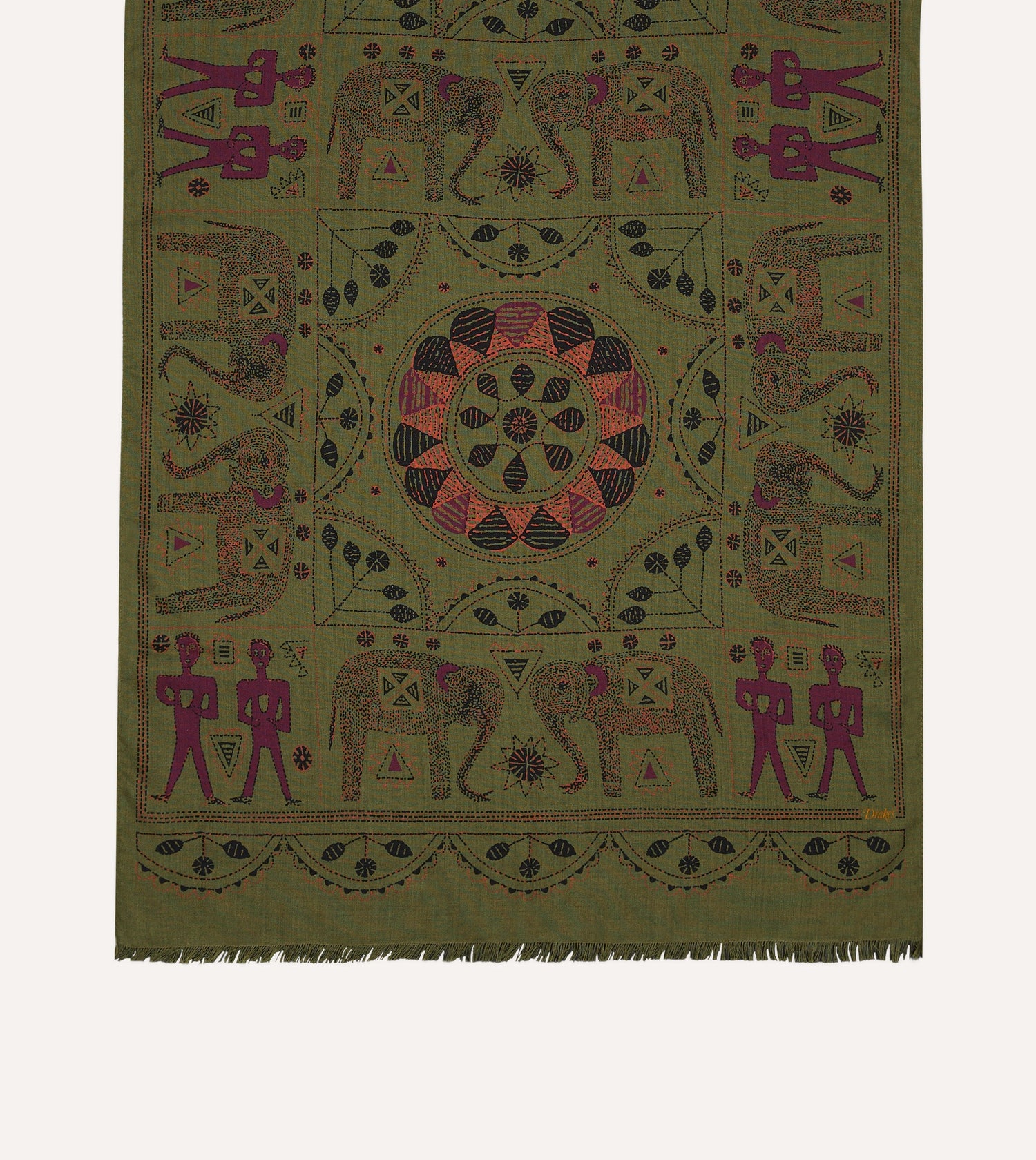 Olive Elephant Print Wool-Silk Scarf