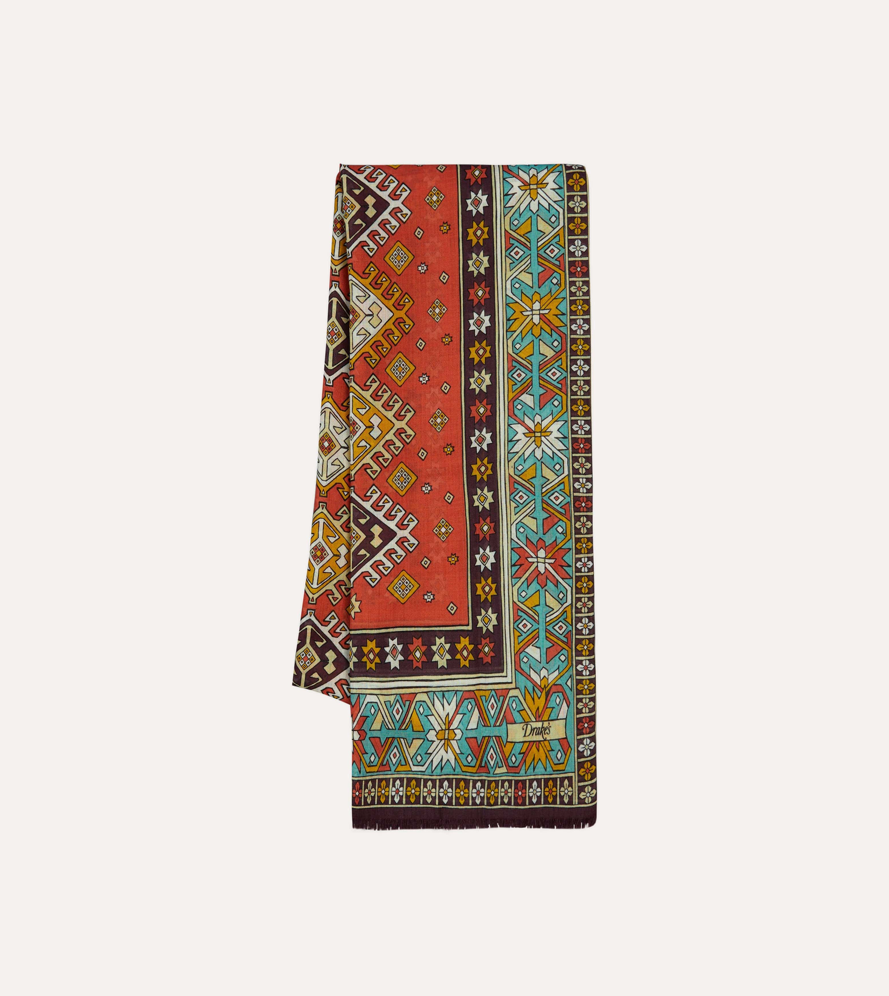 Red and Turquoise Kilim Print Tubular Wool Silk Scarf