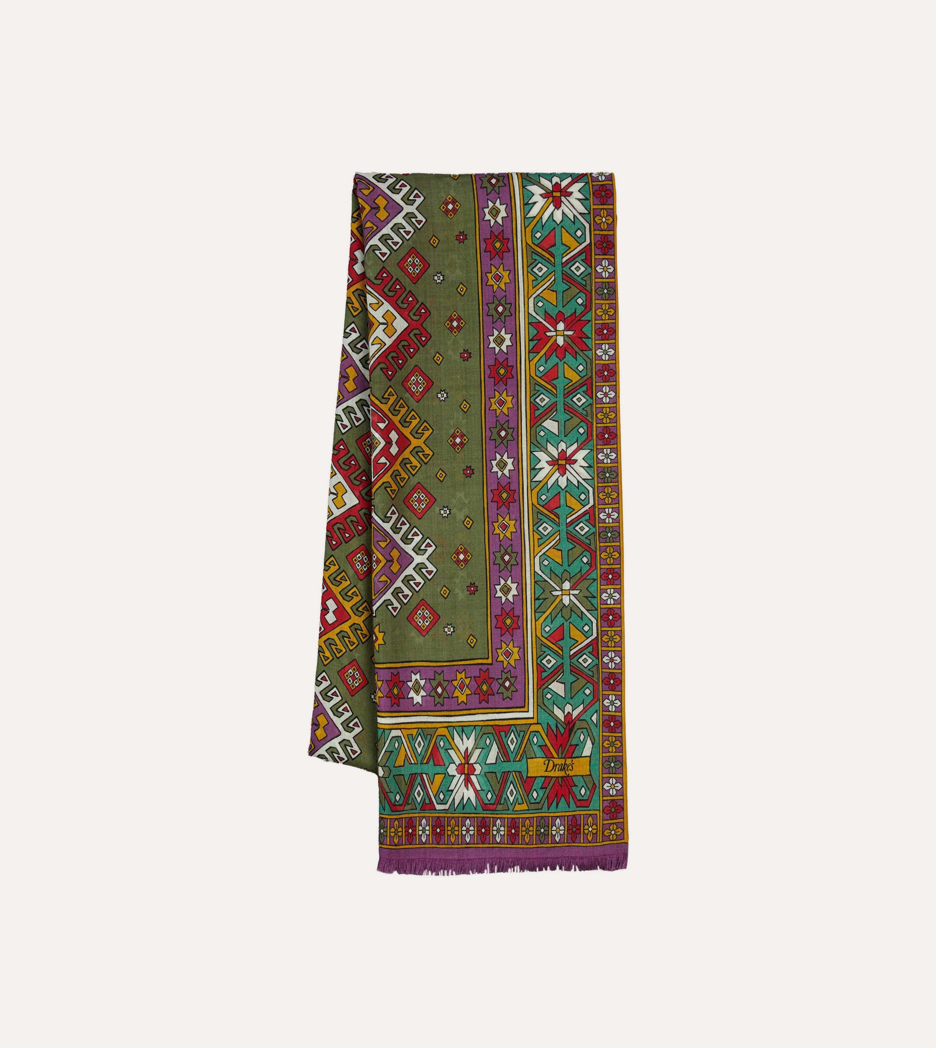 Green and Purple Kilim Print Tubular Wool Silk Scarf
