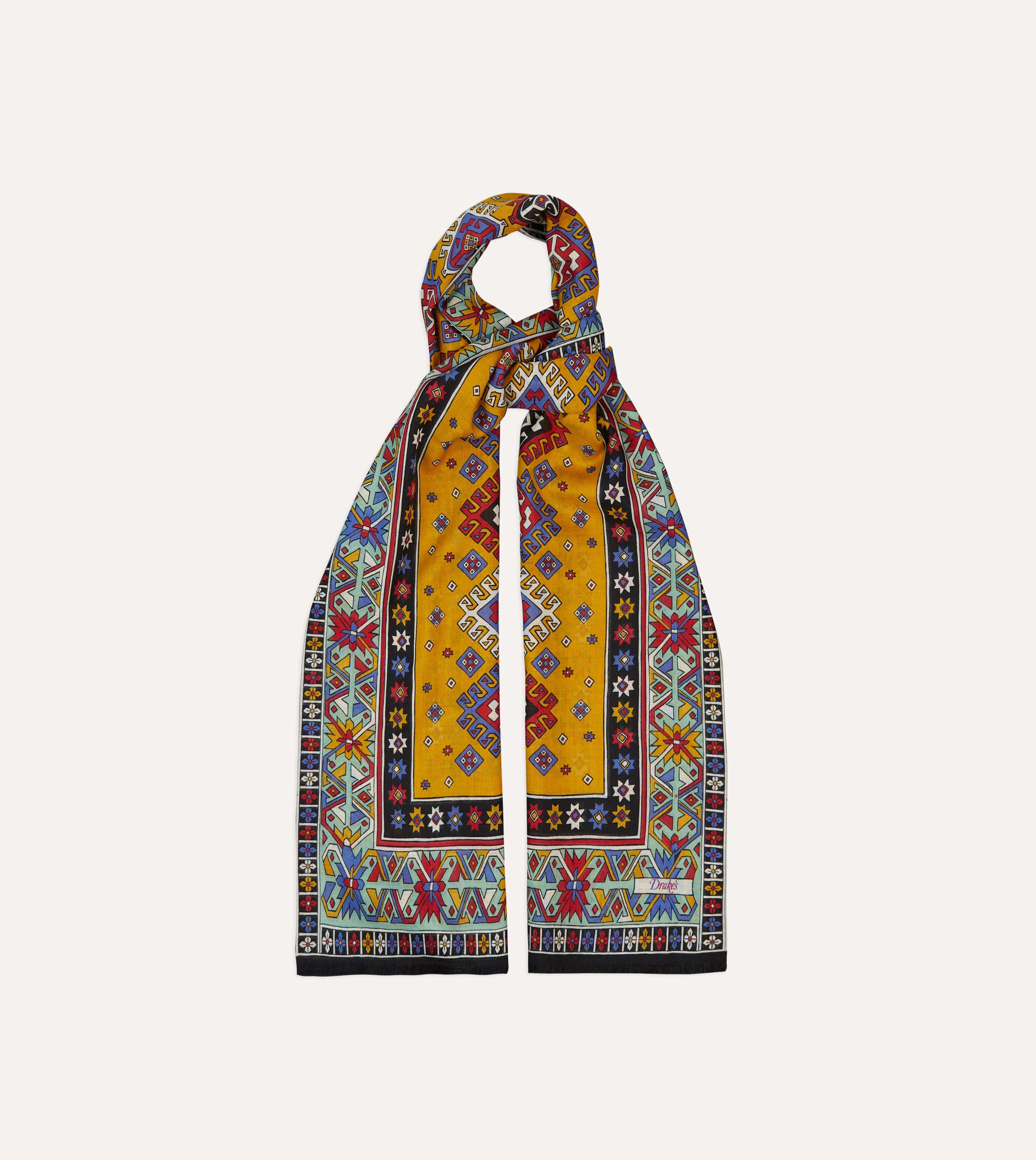 Gold and Green Kilim Print Tubular Wool Silk Scarf