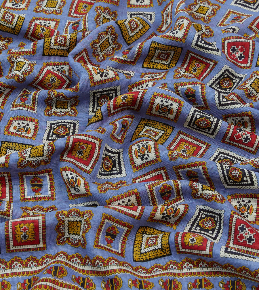 Blue and Black Medallion Print Tubular Wool Silk Scarf