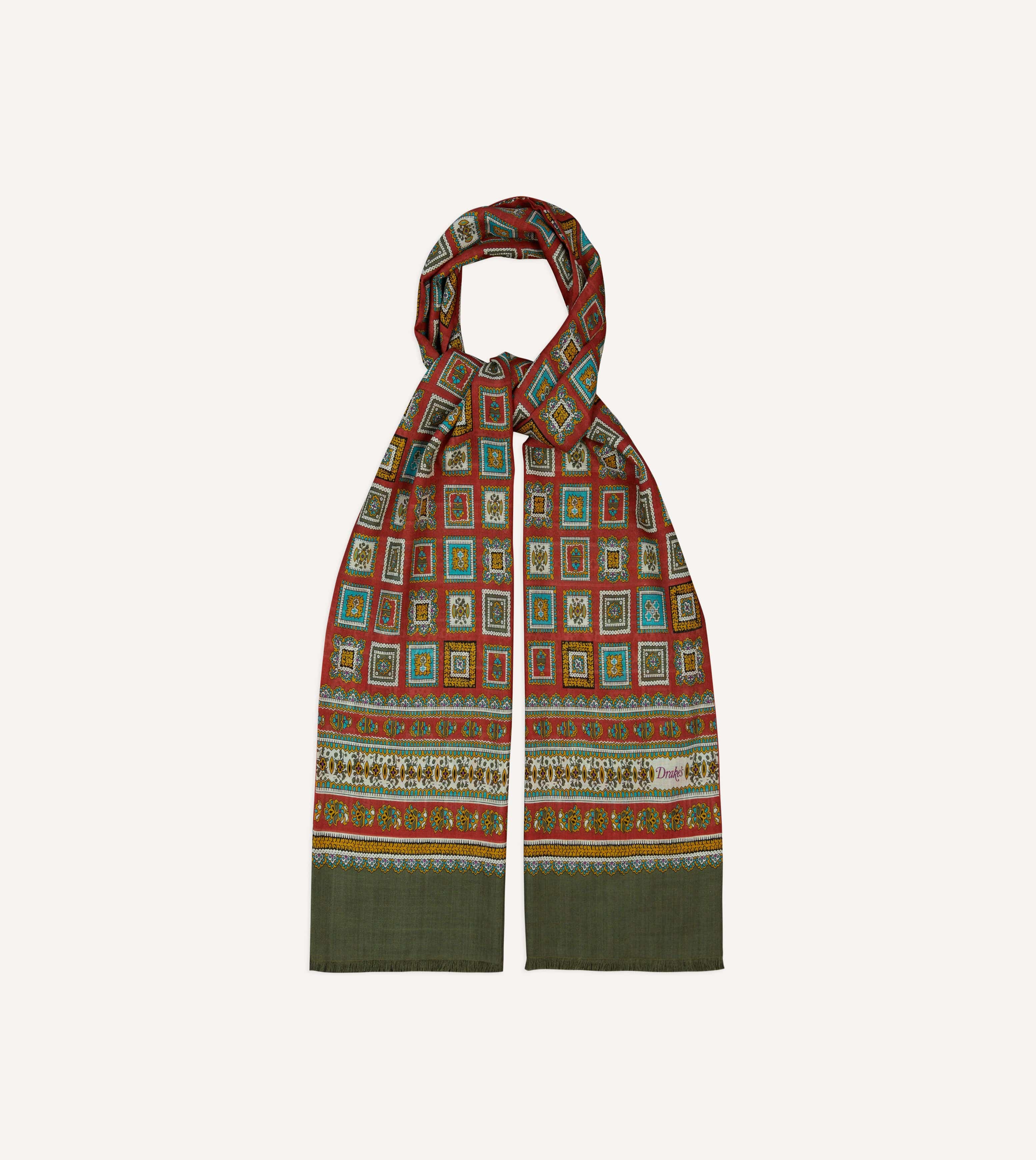 Red and Green Medallion Print Tubular Wool Silk Scarf