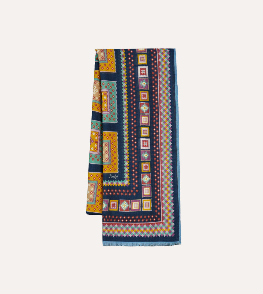 Navy Kilim Blocks Print Wool-Silk Scarf