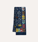 Navy Elephants and Flowers Print Wool-Silk Scarf