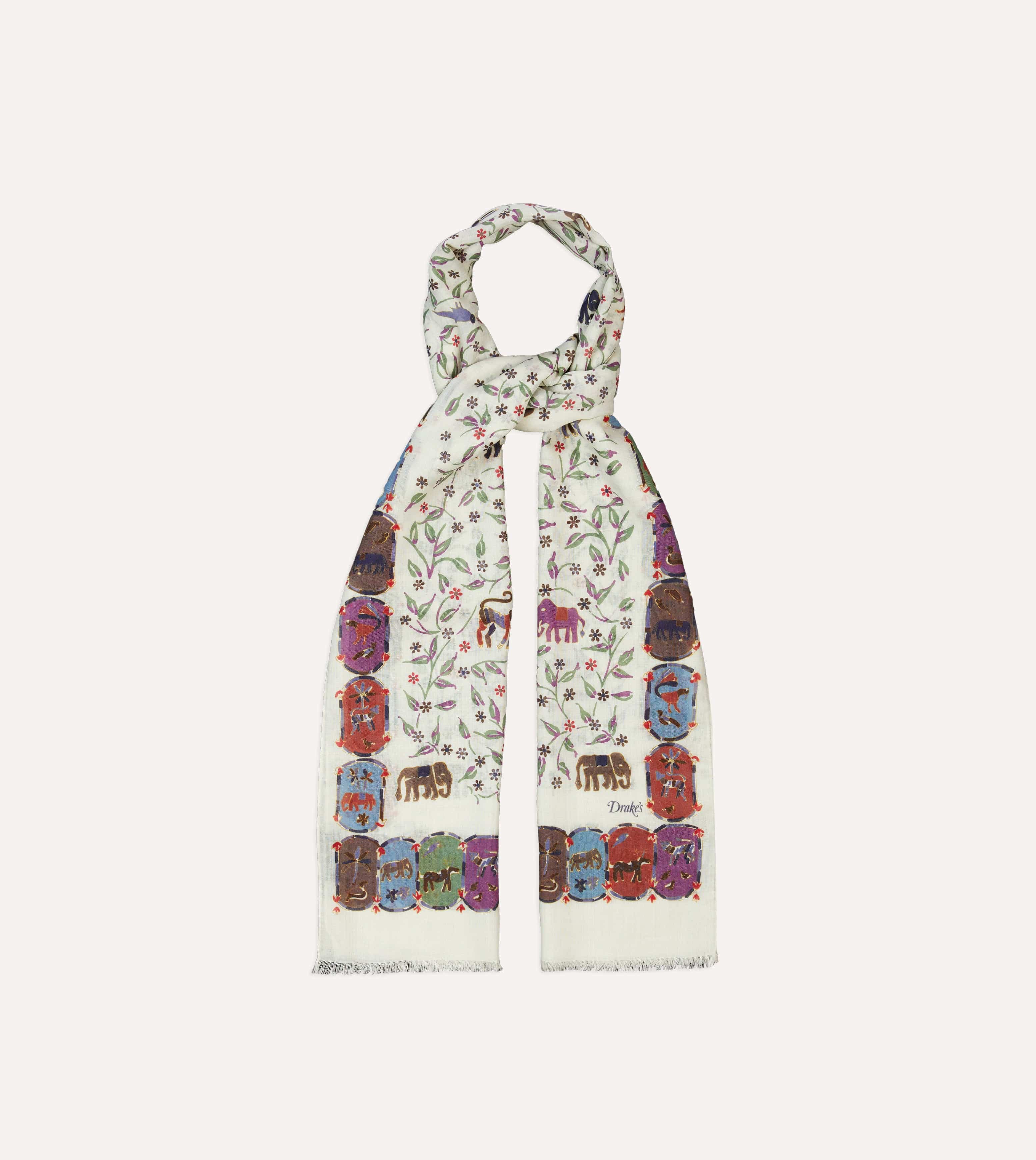 Ecru Elephants and Flowers Print Wool-Silk Scarf