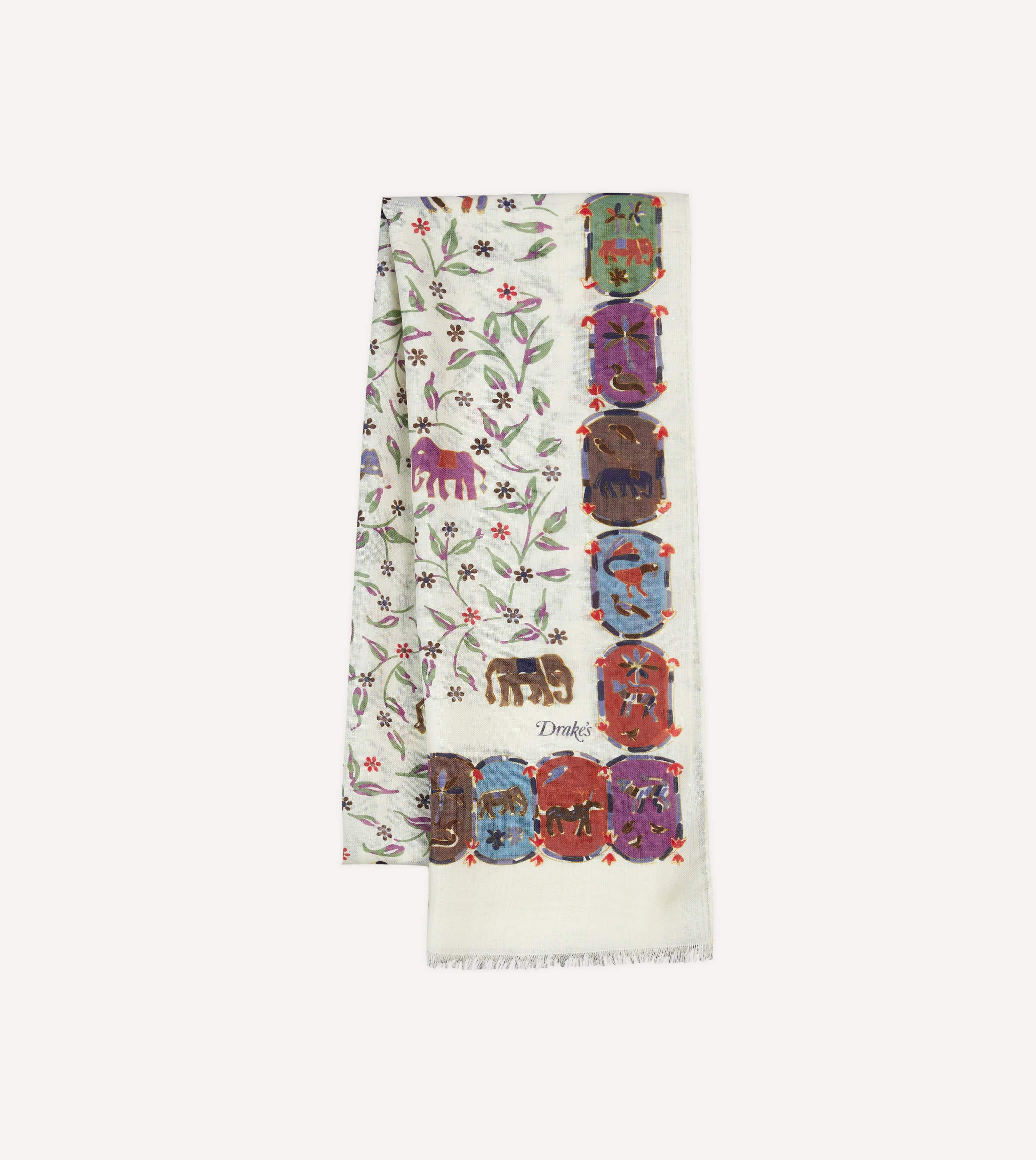 Ecru Elephants and Flowers Print Wool-Silk Scarf