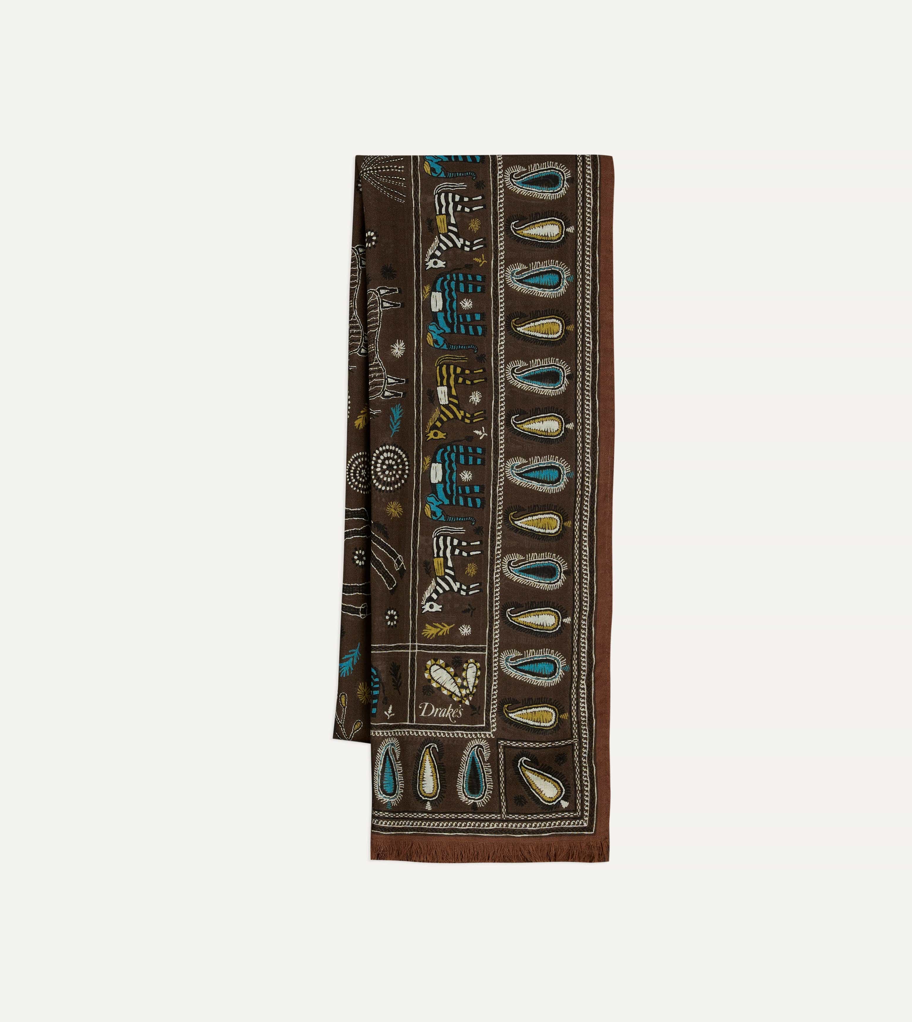 Brown Rustic Elephant Print Wool-Silk Scarf