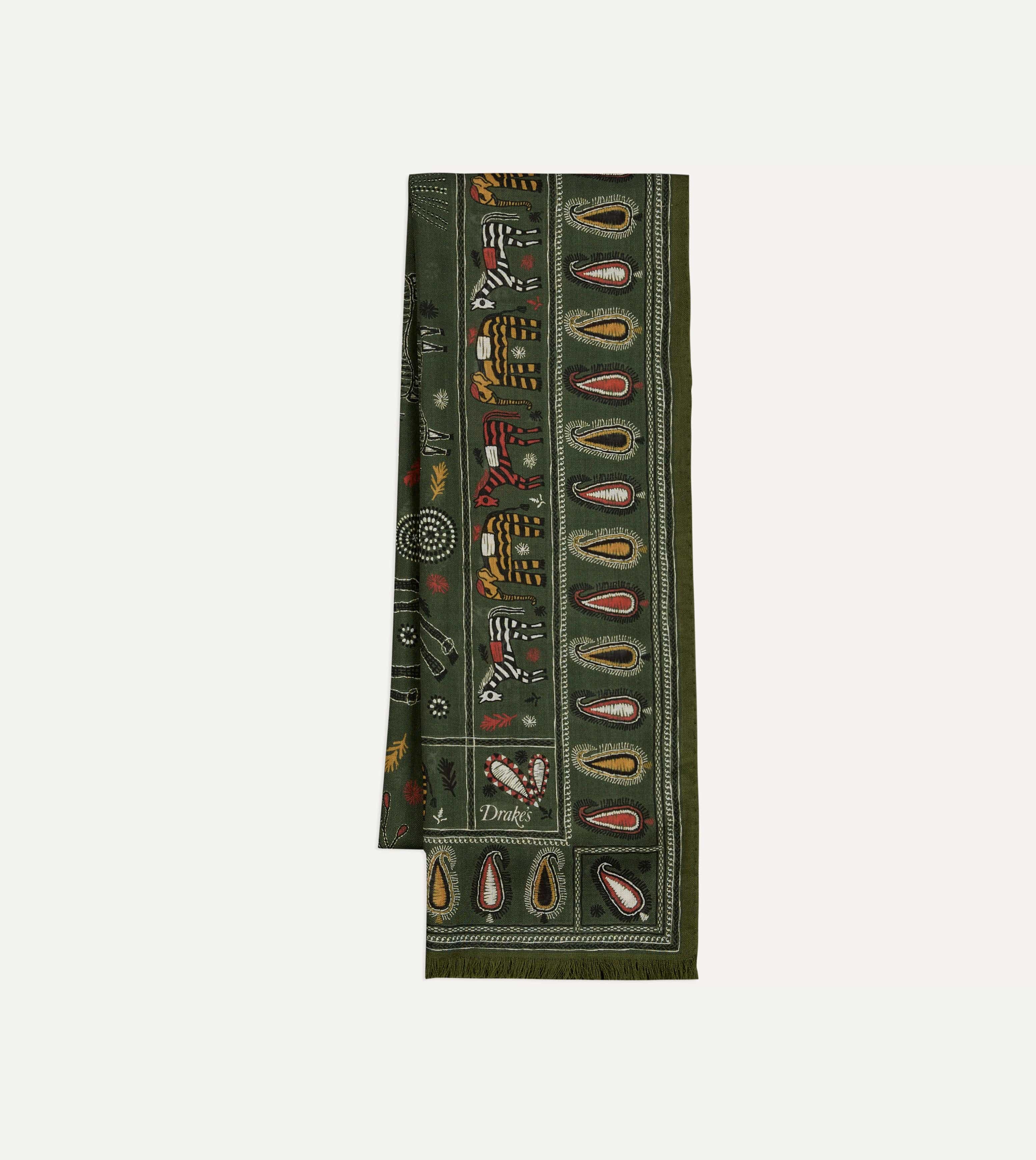 Green Rustic Elephant Print Wool-Silk Scarf