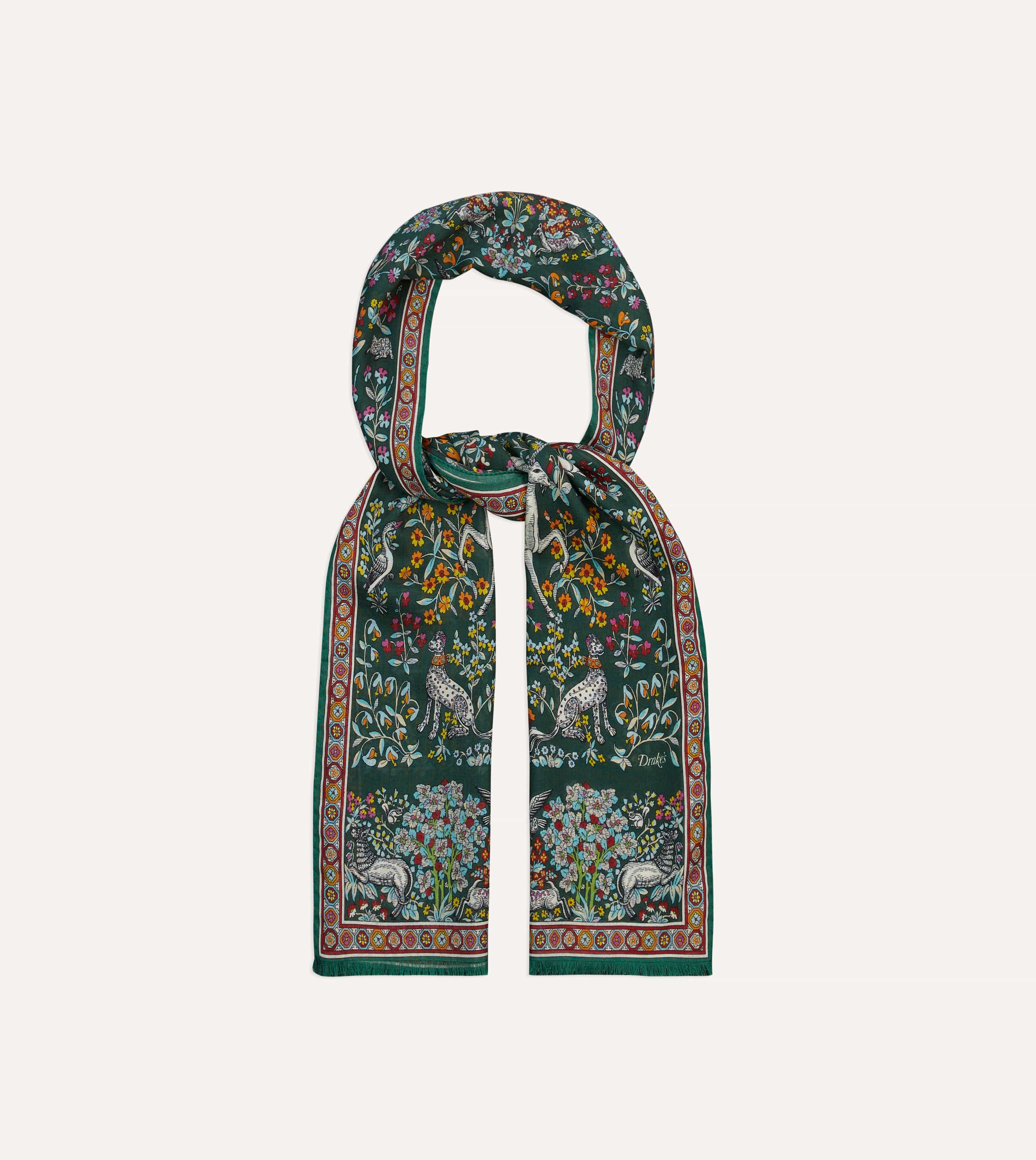 Green Forest Animals Print Wool-Silk Scarf