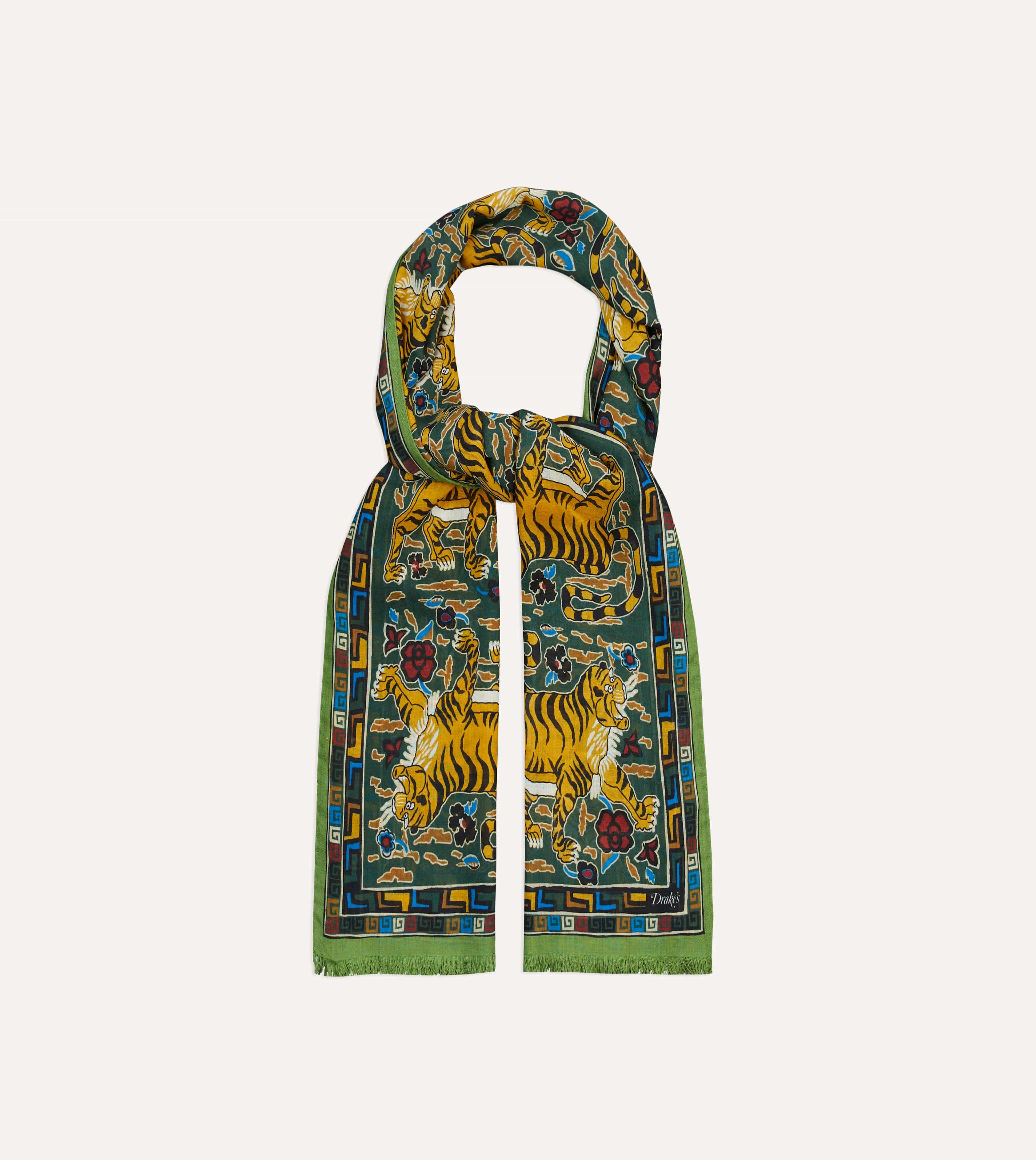 Green Tiger Print Wool-Silk Scarf