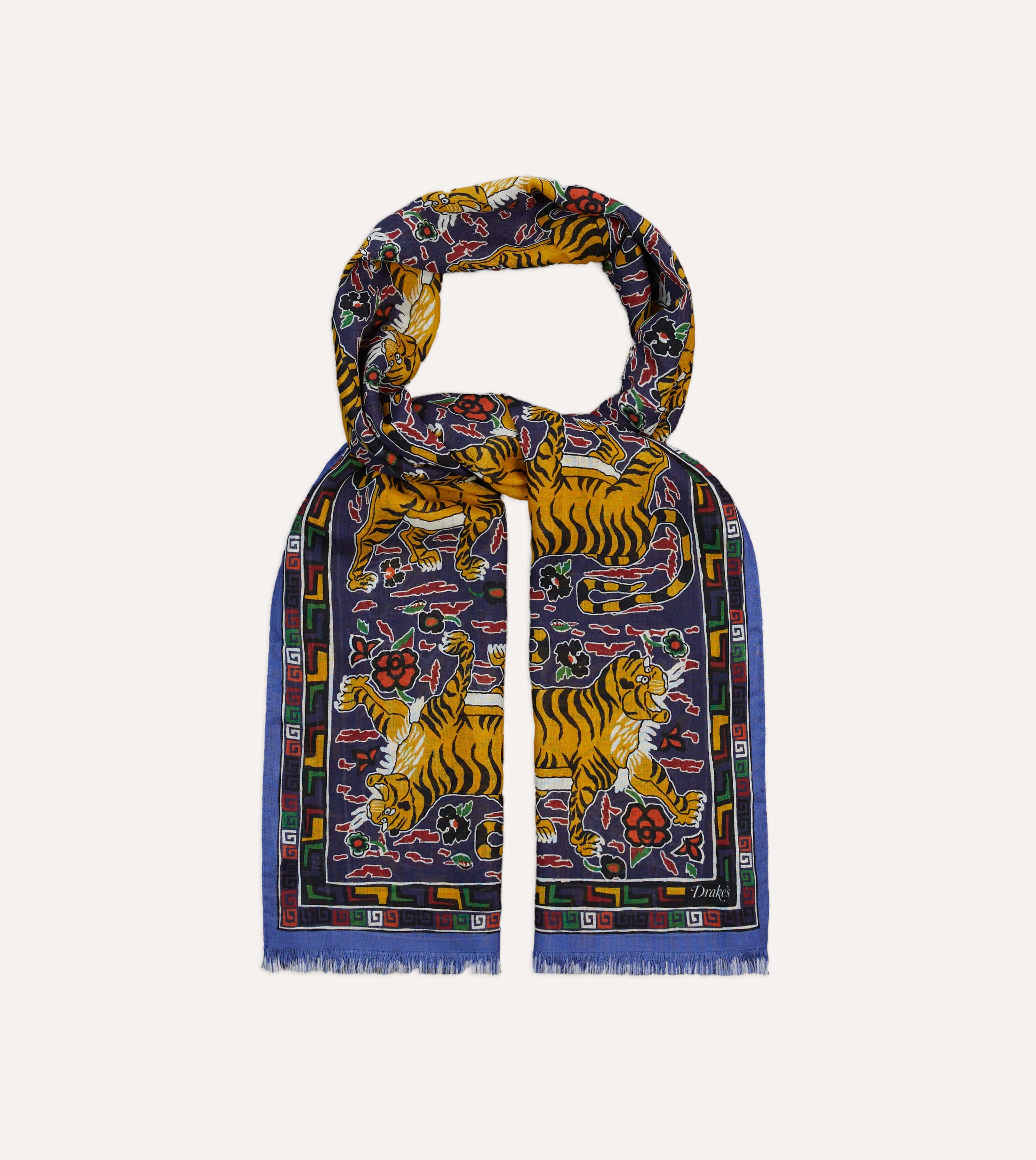 Blue Tiger Print Wool-Silk Scarf