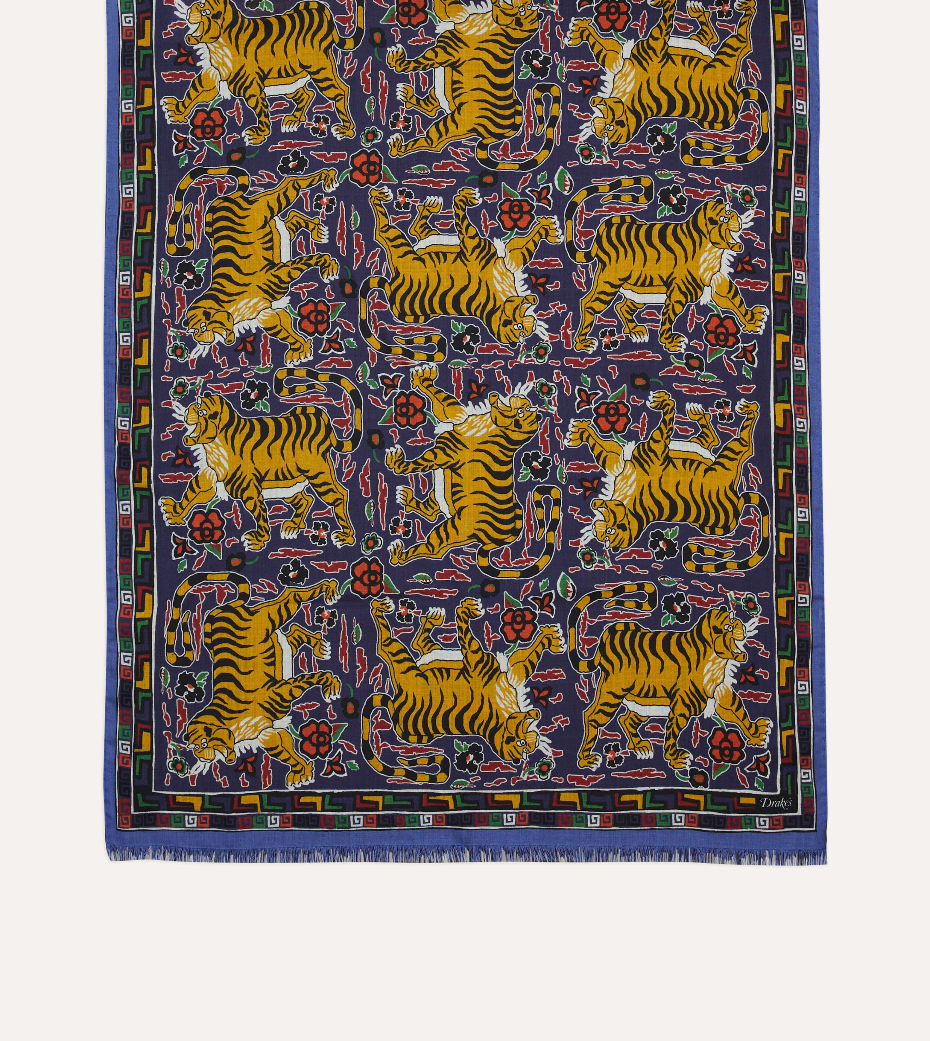 Blue Tiger Print Wool-Silk Scarf – Drakes