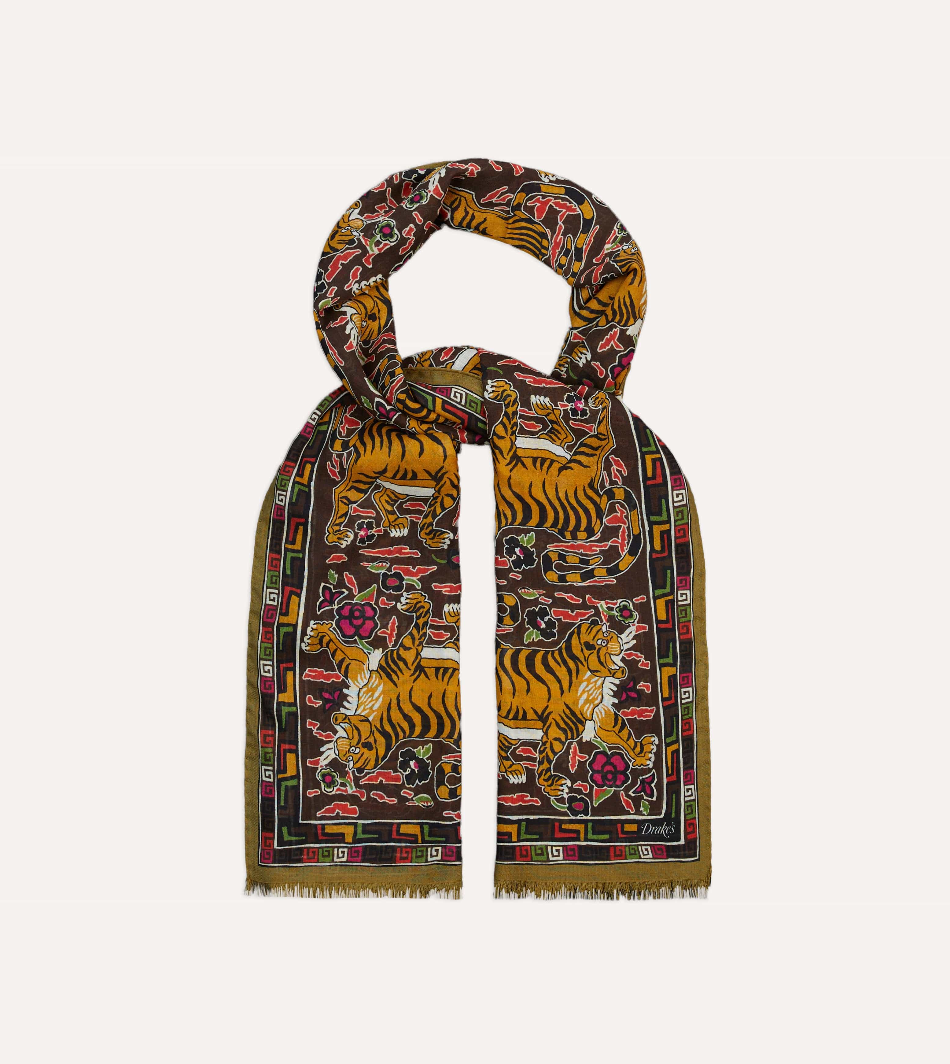 Brown Tiger Print Wool-Silk Scarf