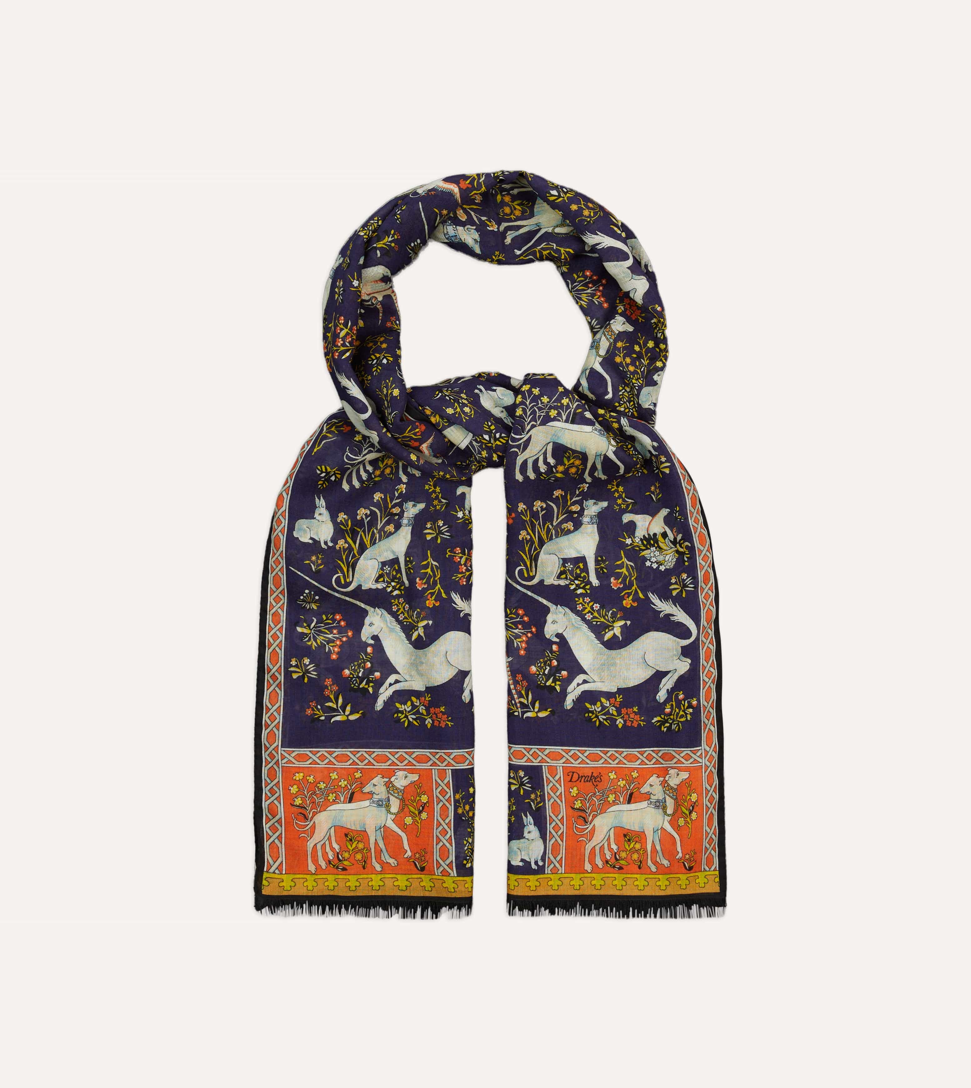 Navy Unicorn Tile Print Wool-Silk Scarf