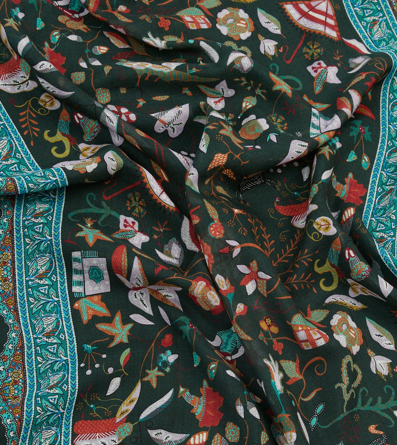 Green Classic Mughal Print Wool Silk Scarf
