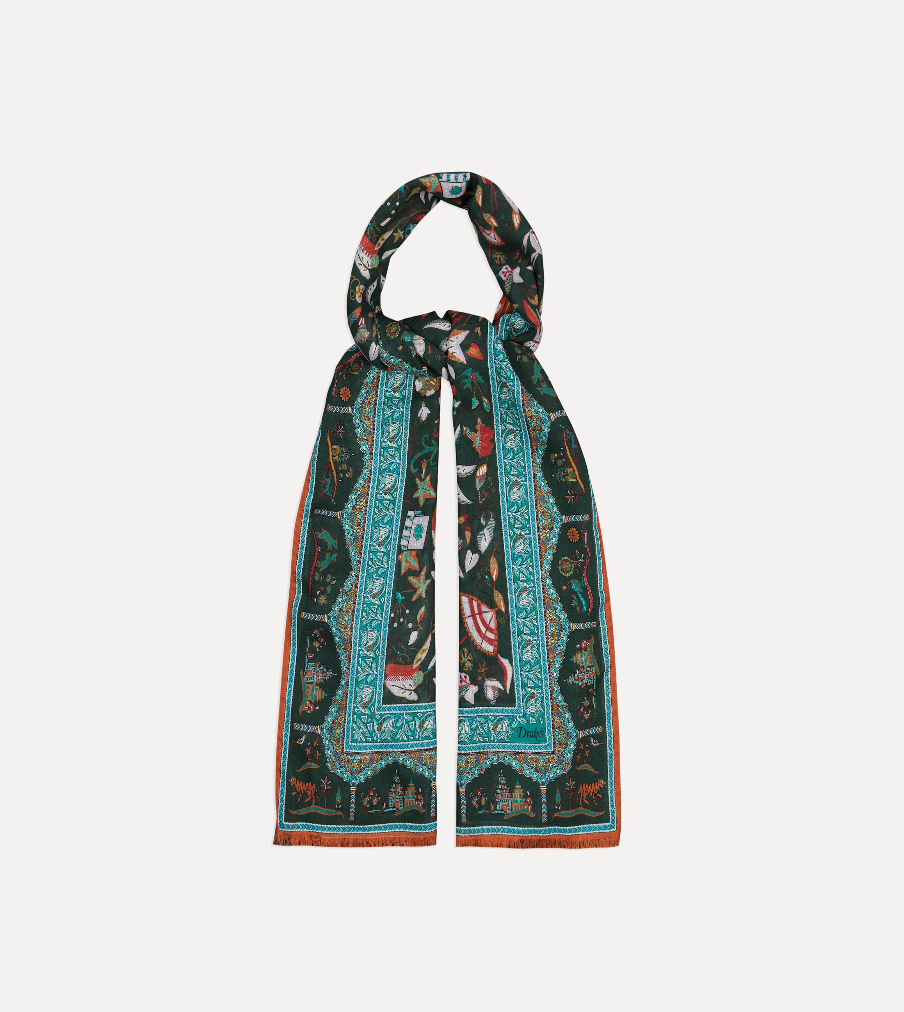 Green Classic Mughal Print Wool Silk Scarf