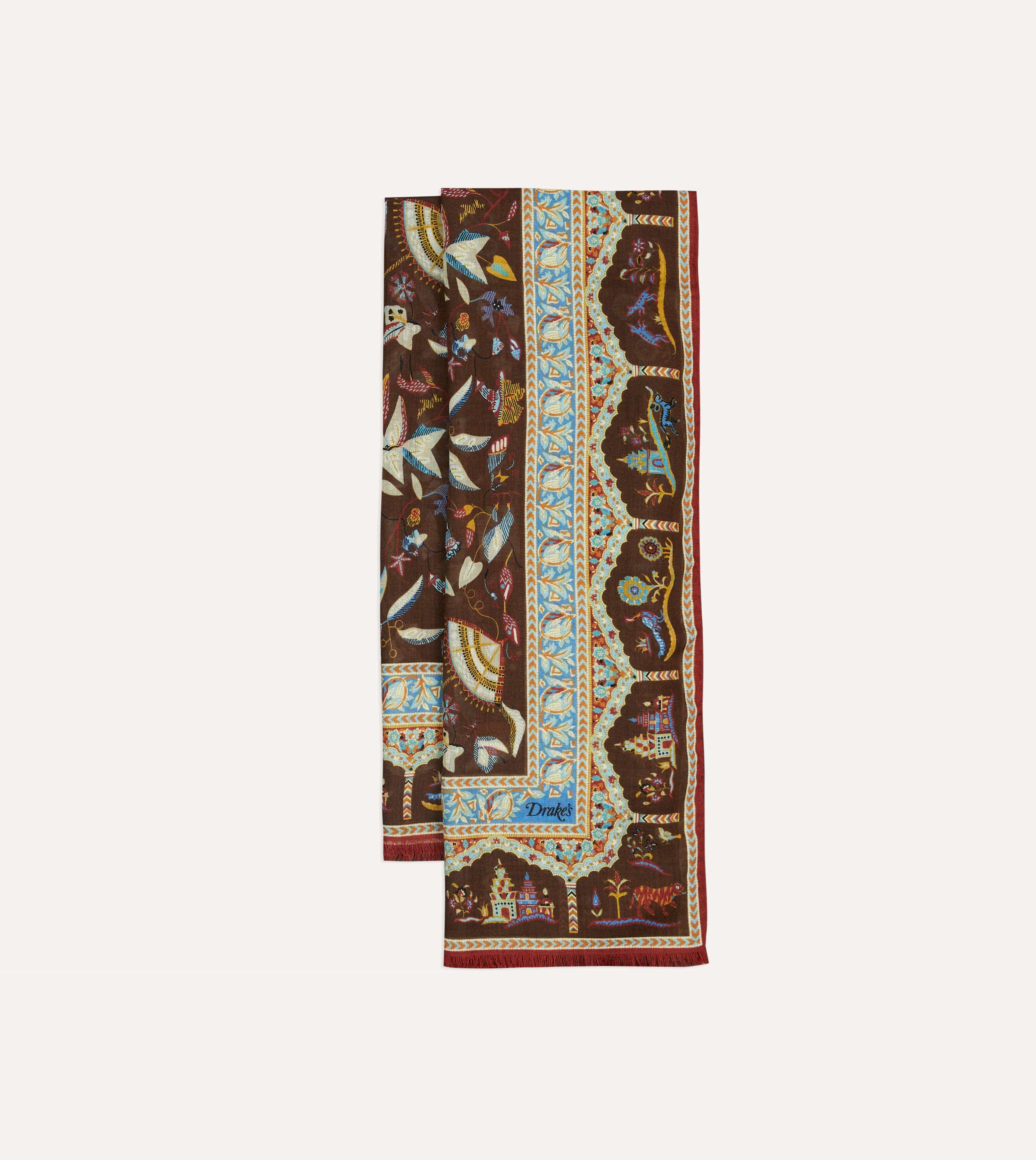 Brown Classic Mughal Print Wool Silk Scarf