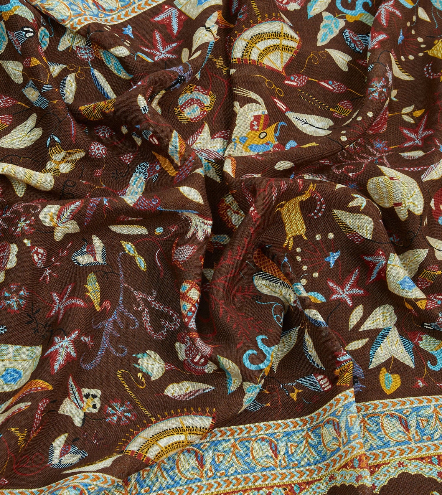 Brown Classic Mughal Print Wool Silk Scarf