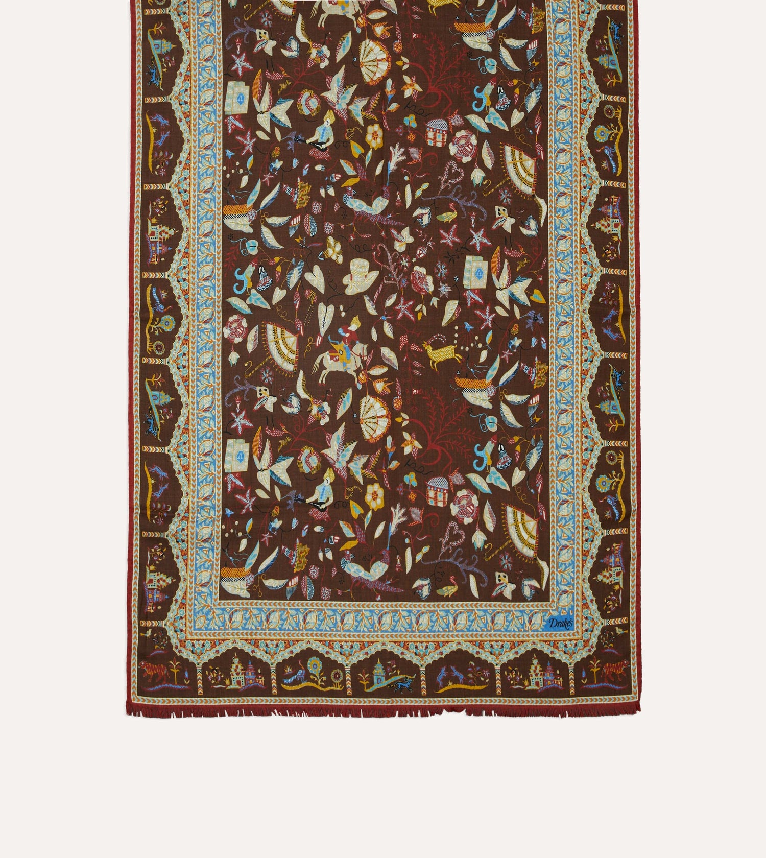 Brown Classic Mughal Print Wool Silk Scarf