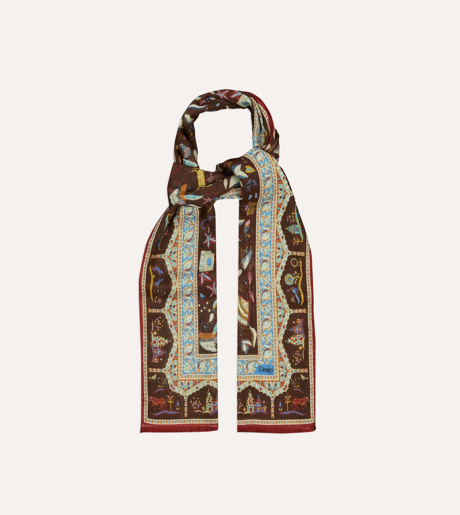 Brown Classic Mughal Print Wool Silk Scarf