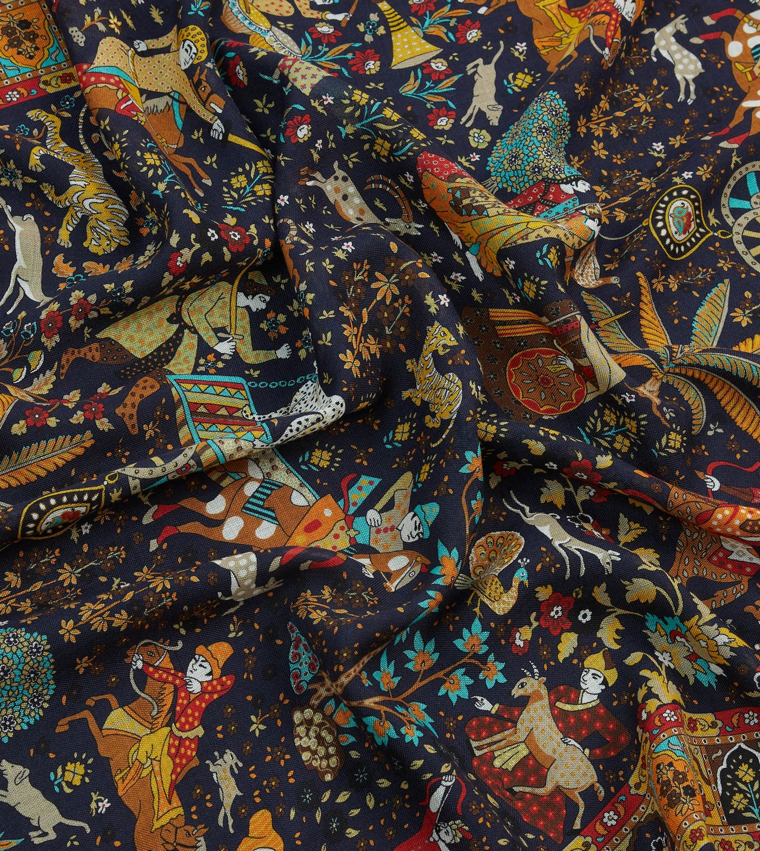 Navy Mughal Garden Print Wool Silk Scarf