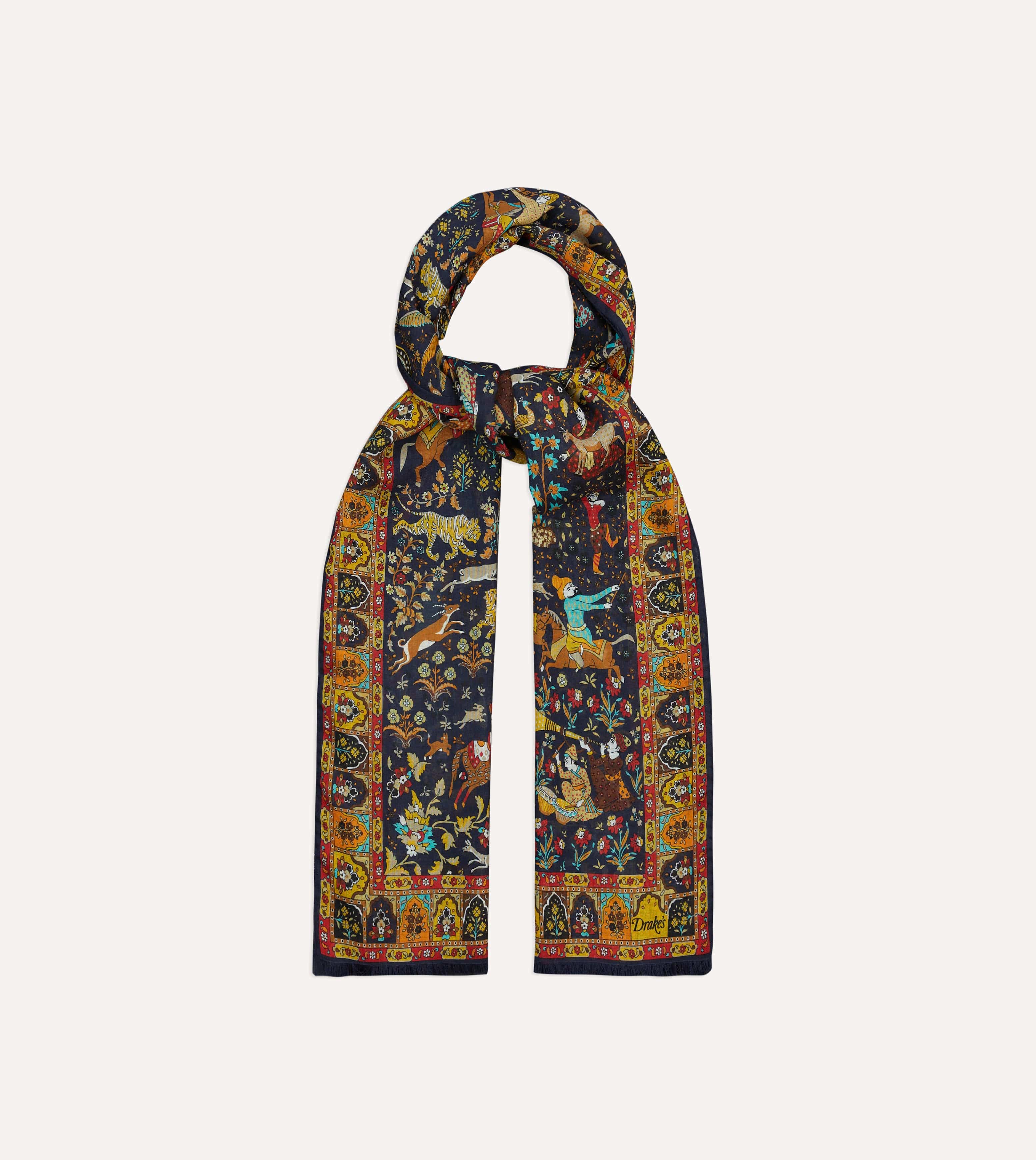 Navy Mughal Garden Print Wool Silk Scarf