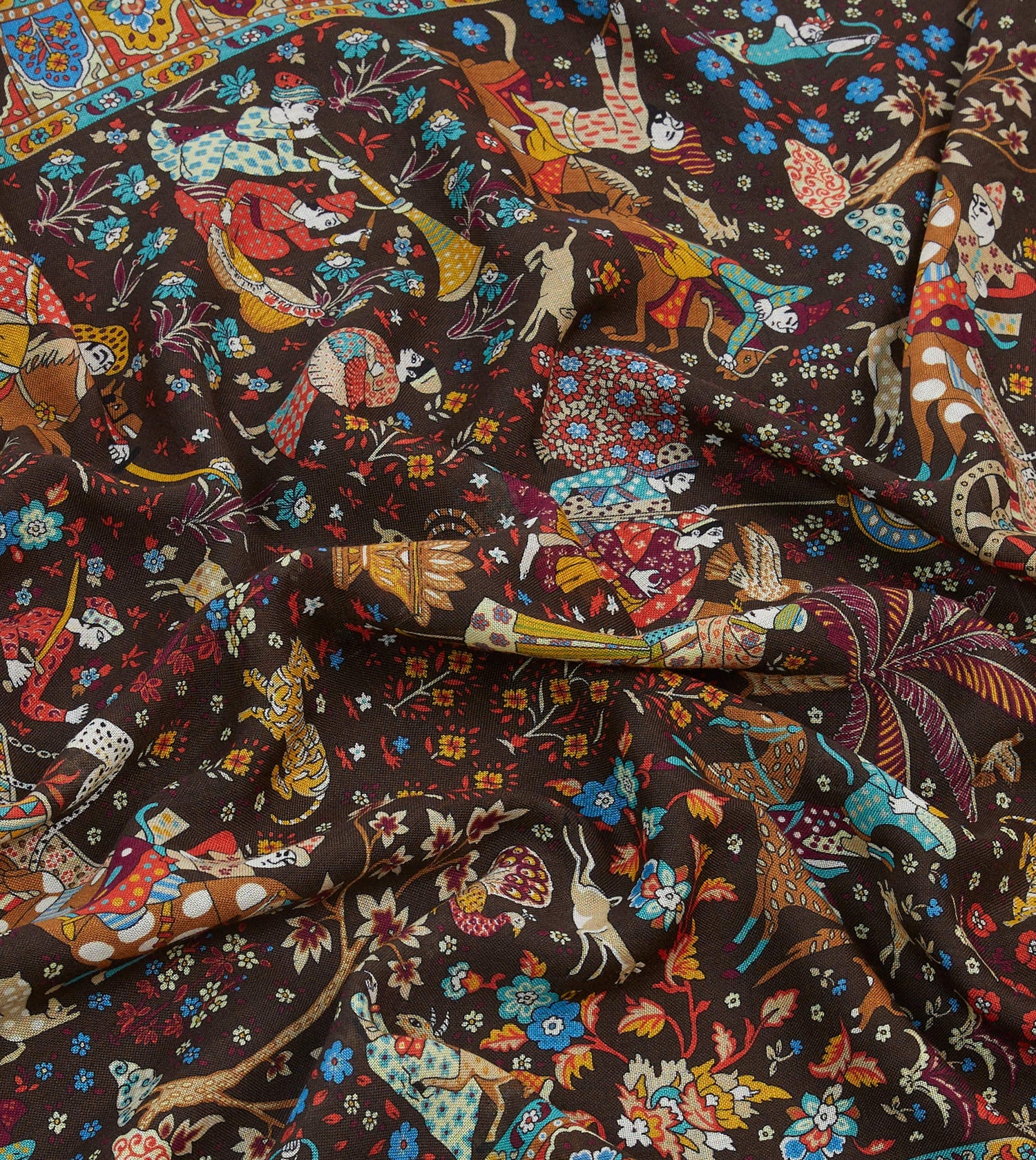 Brown Mughal Garden Print Wool Silk Scarf