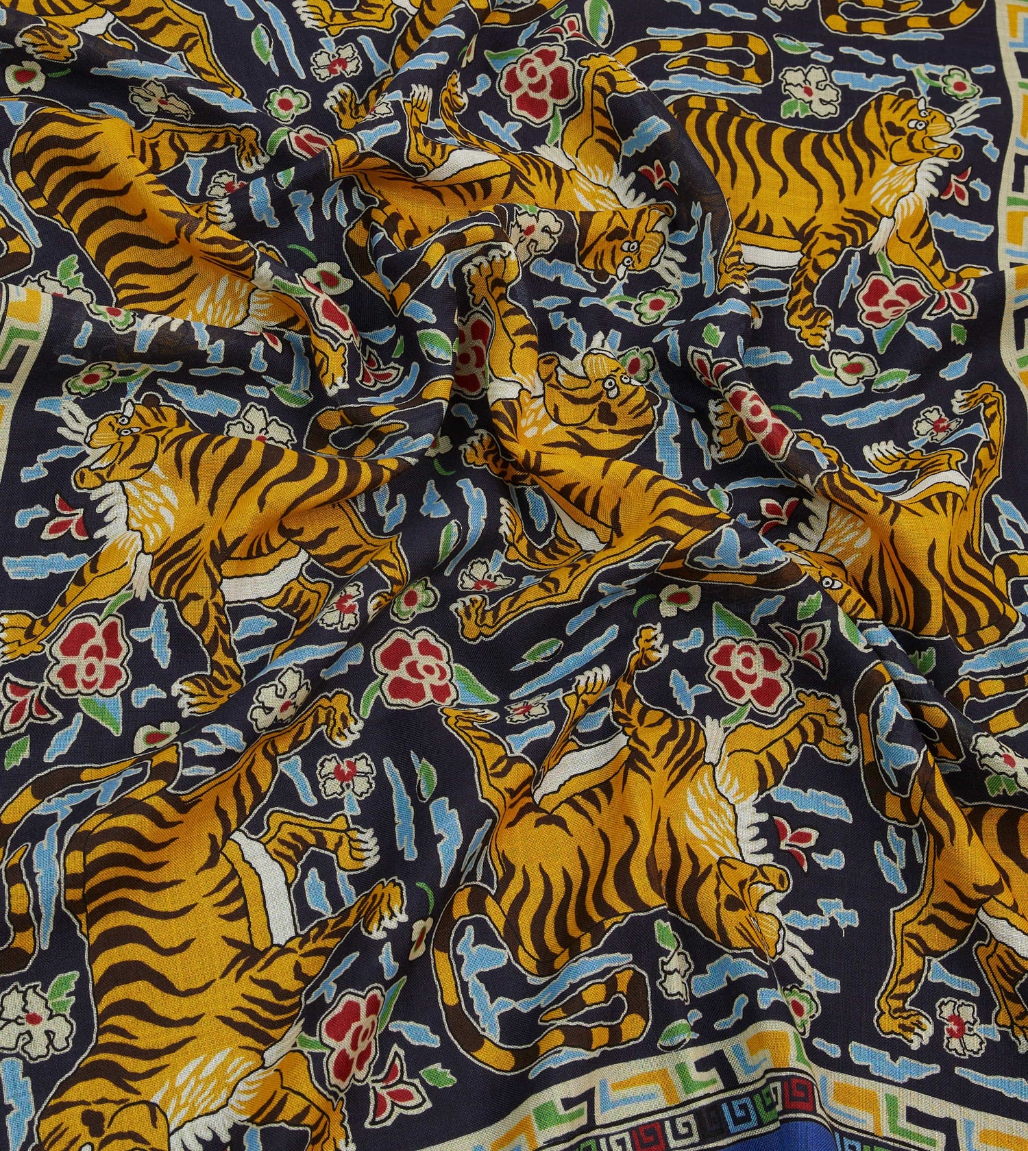 Blue Jumbo Tiger Print Wool-Silk Scarf