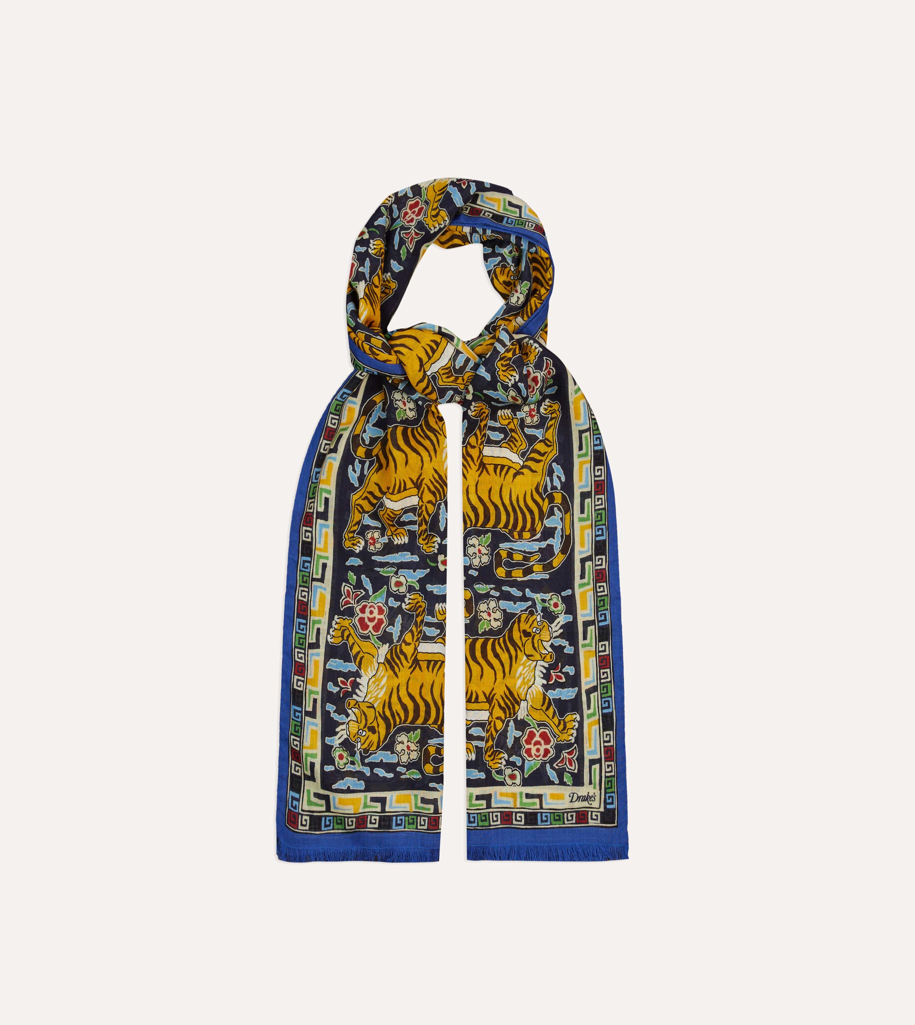 Blue Jumbo Tiger Print Wool-Silk Scarf