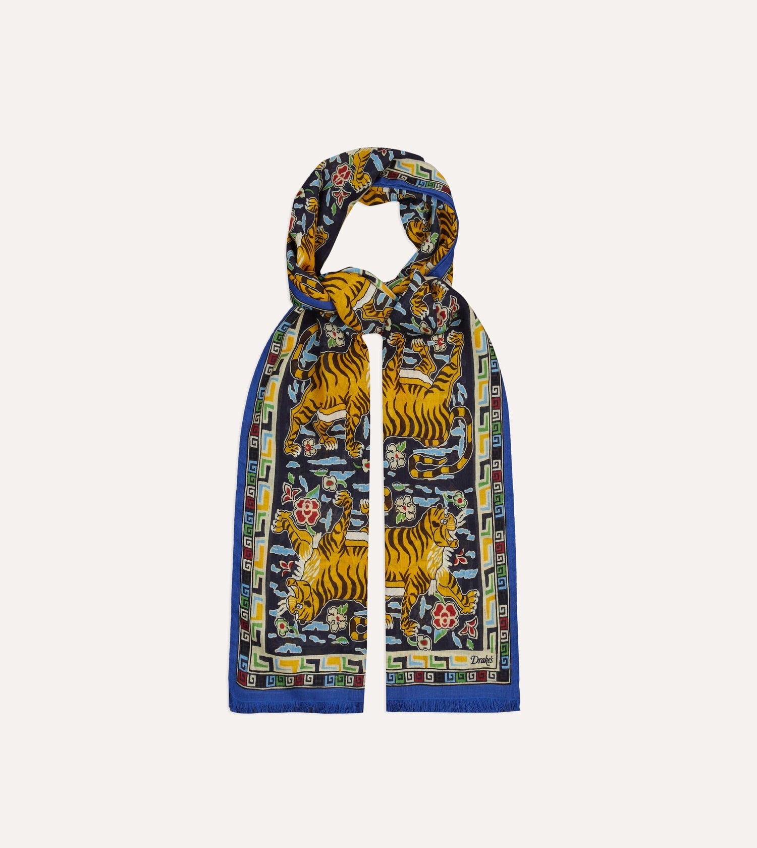 Blue Jumbo Tiger Print Wool-Silk Scarf