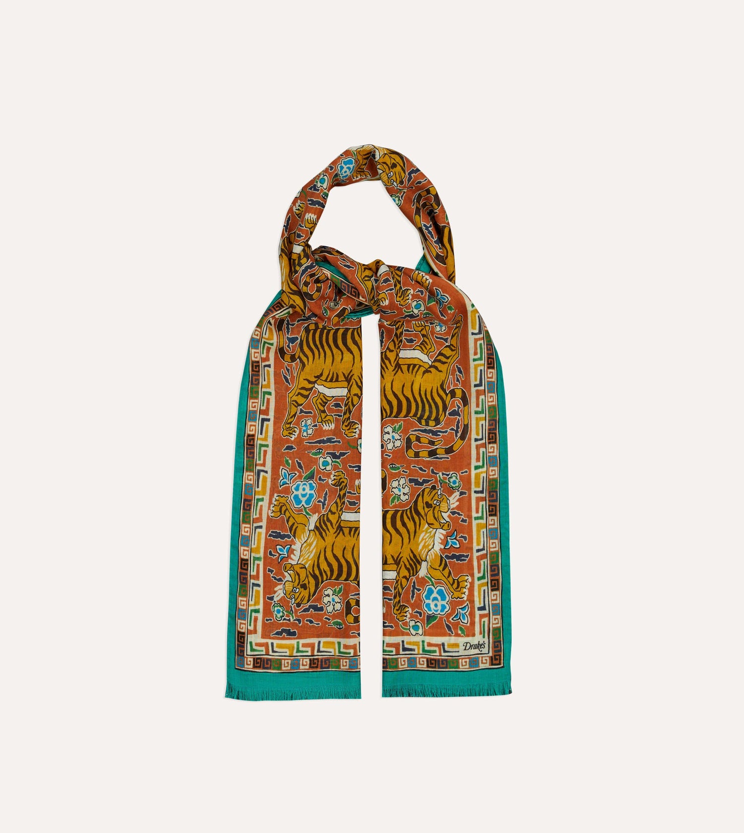 Orange Jumbo Tiger Print Wool-Silk Scarf