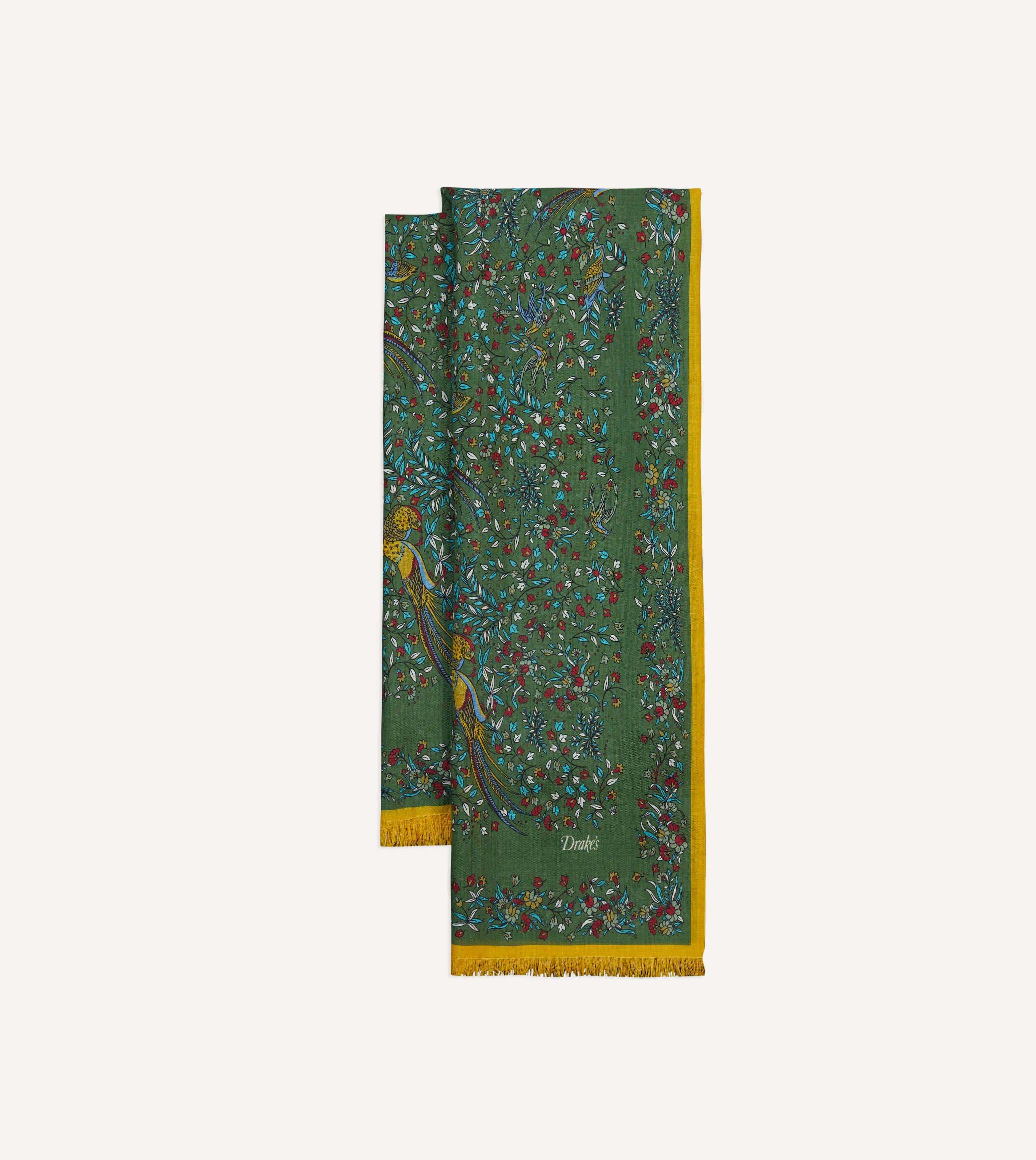 Green Birds of Paradise Print Tubular Wool Silk Scarf