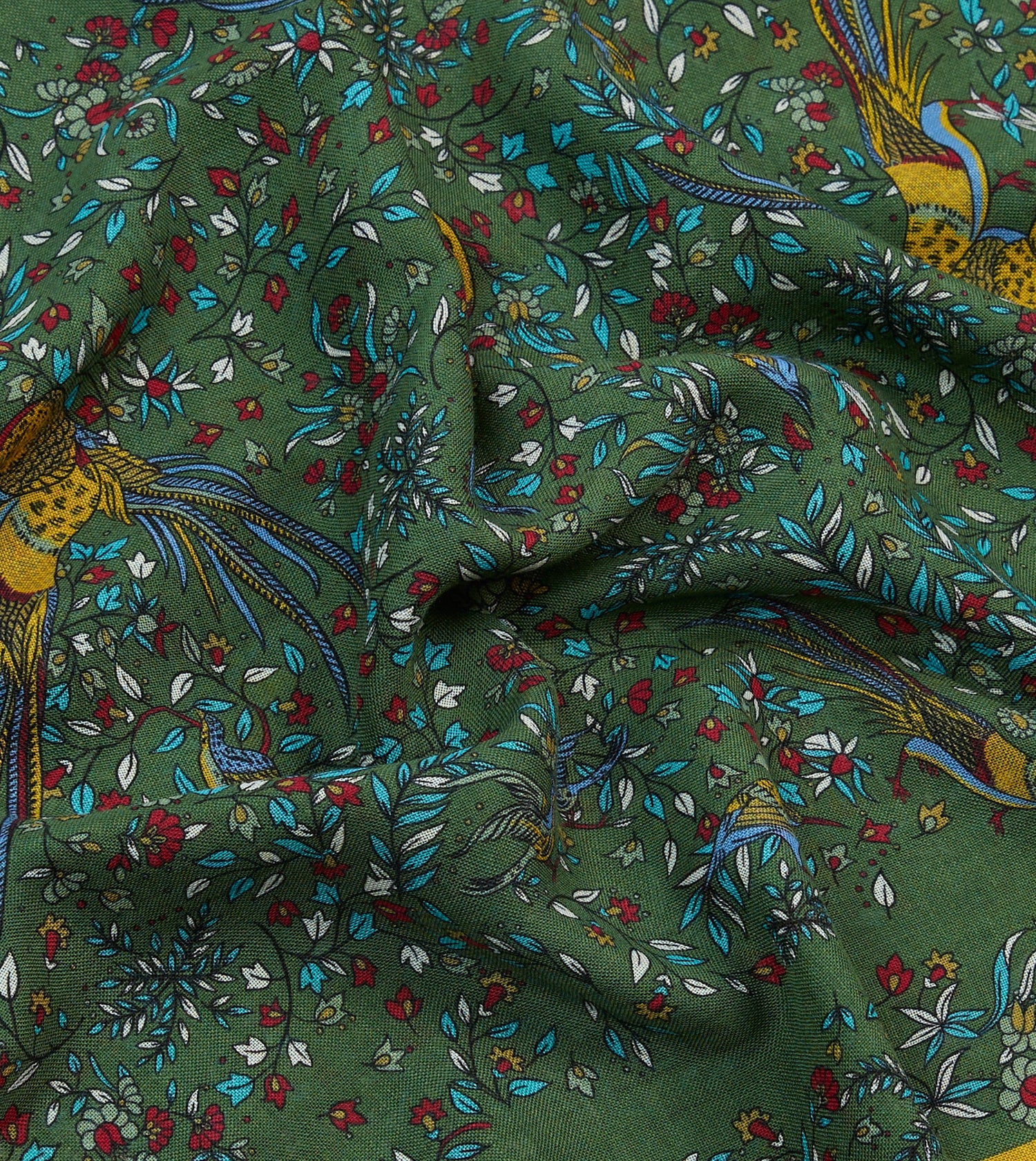 Green Birds of Paradise Print Tubular Wool Silk Scarf