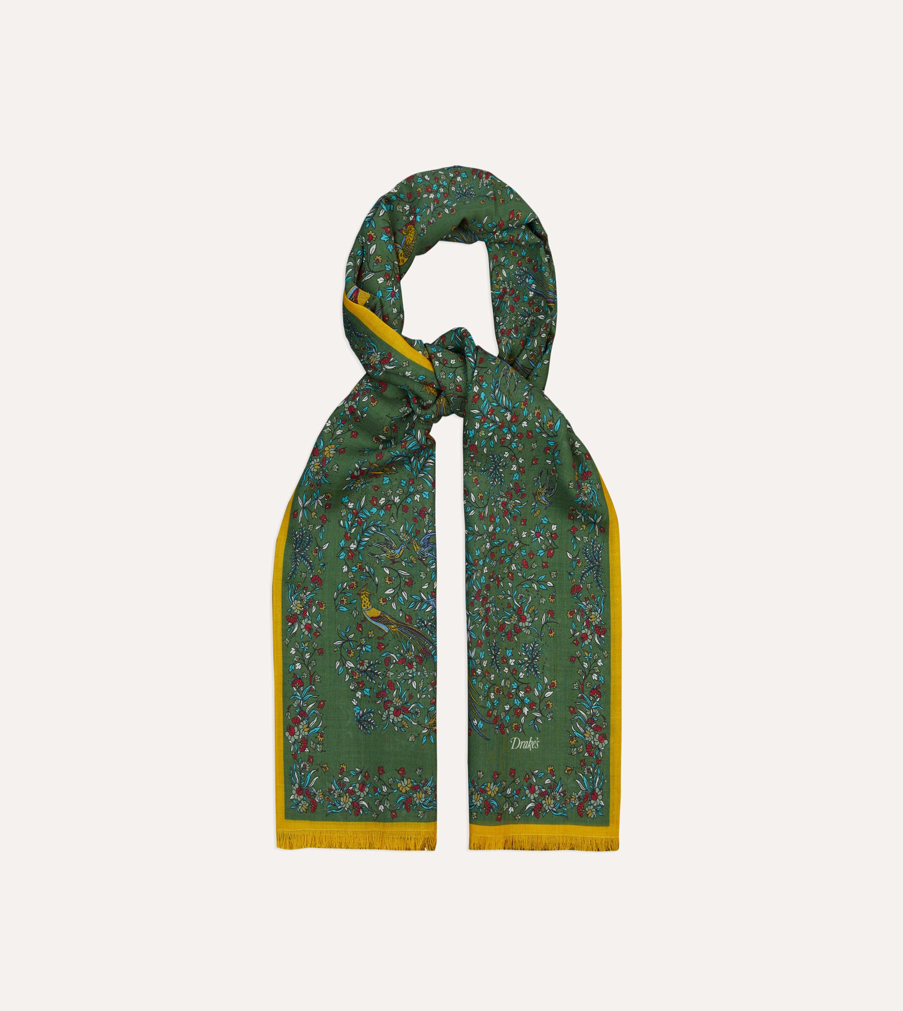 Green Birds of Paradise Print Tubular Wool Silk Scarf