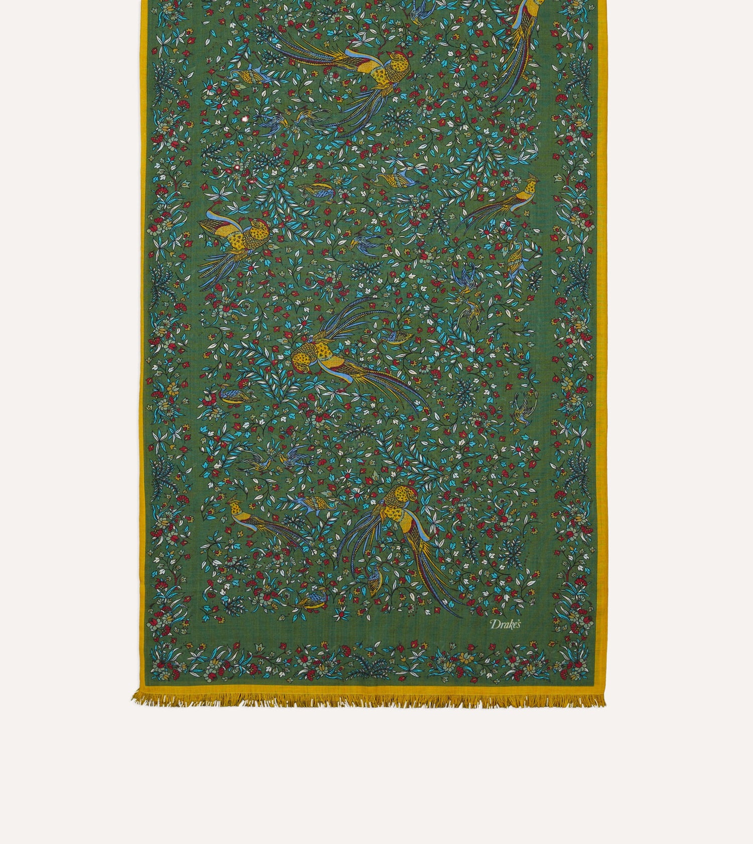 Green Birds of Paradise Print Tubular Wool Silk Scarf