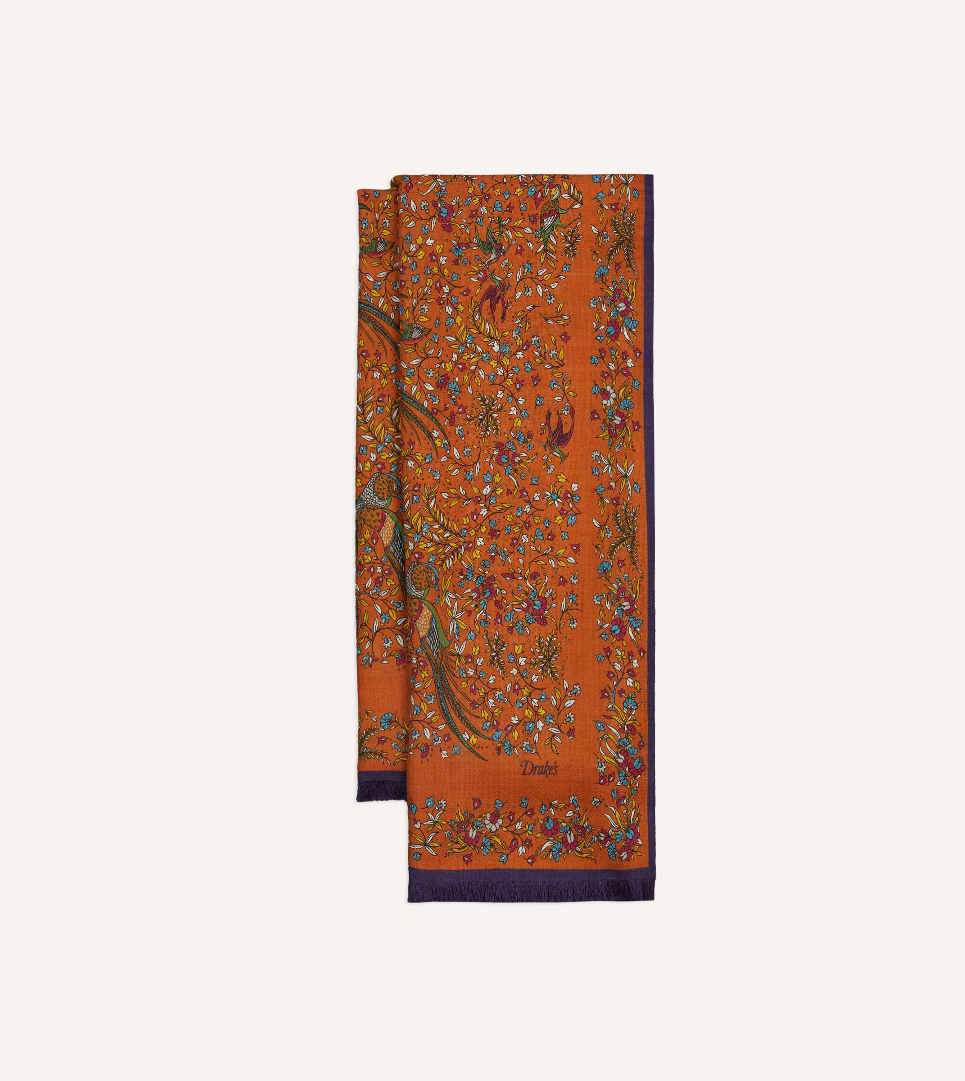 Orange Birds of Paradise Print Tubular Wool Silk Scarf
