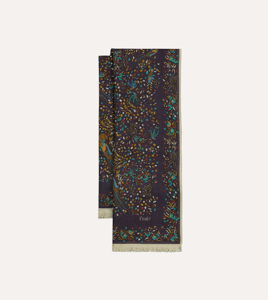 Purple Birds of Paradise Print Tubular Wool Silk Scarf