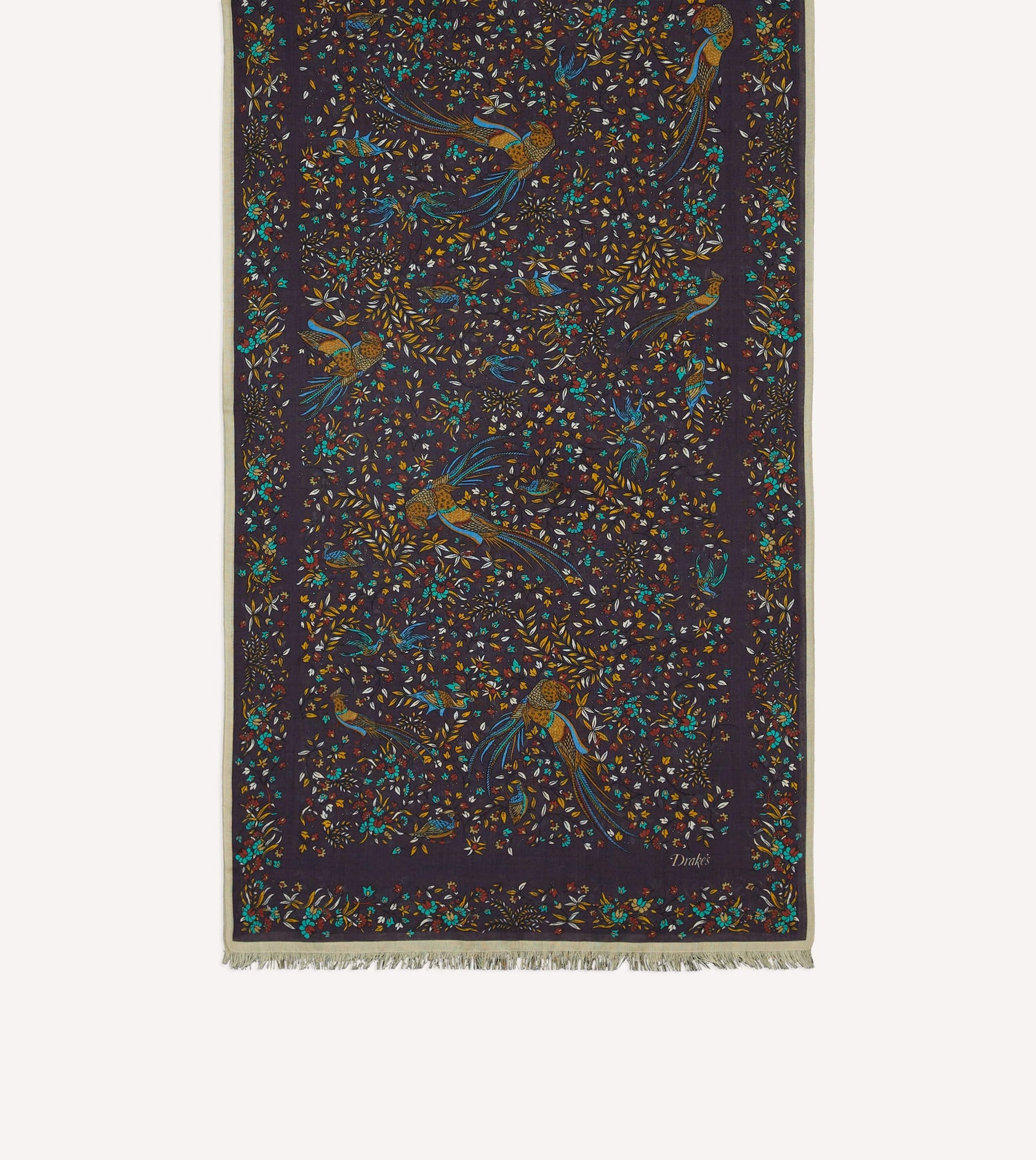 Purple Birds of Paradise Print Tubular Wool Silk Scarf