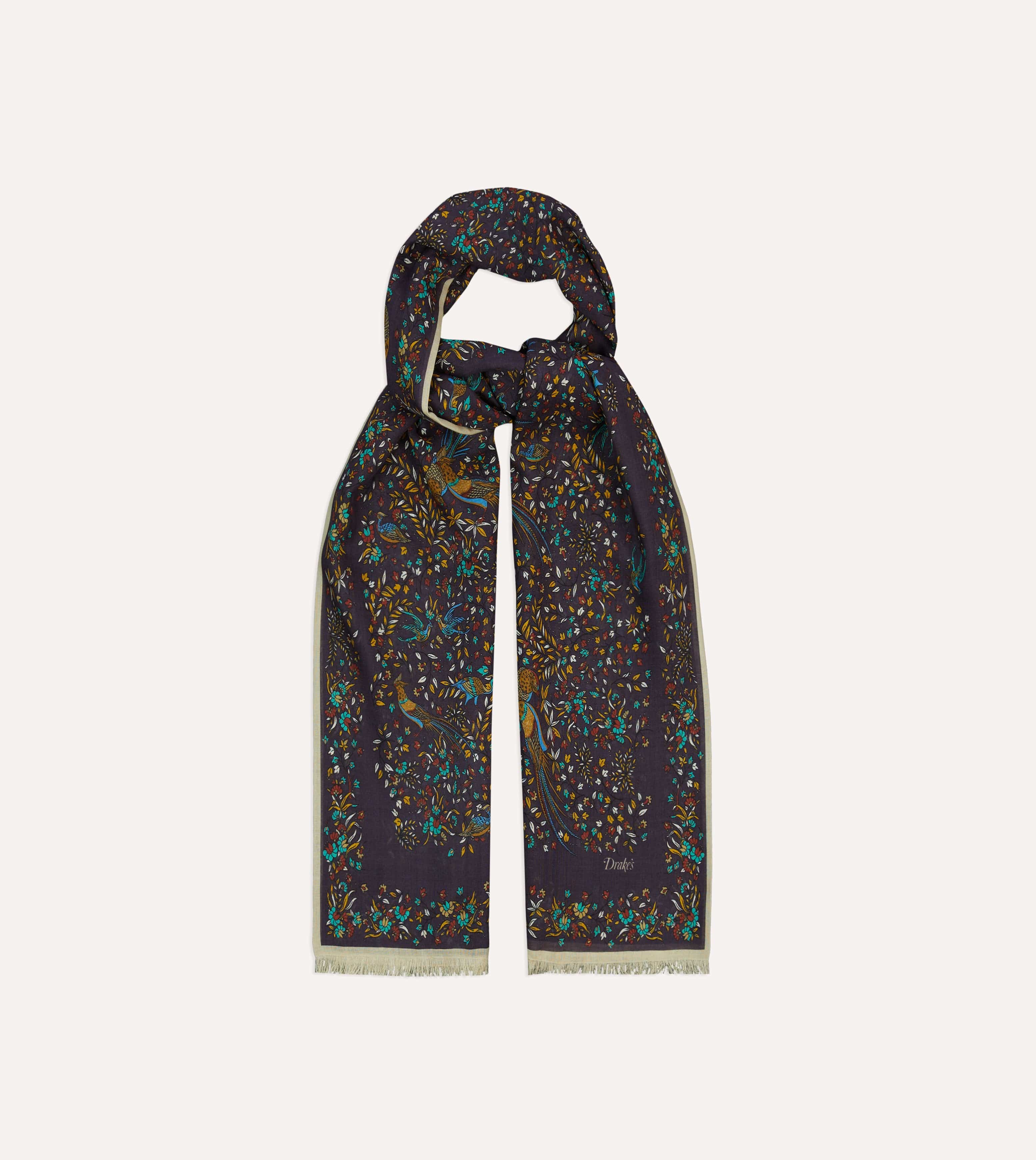 Purple Birds of Paradise Print Tubular Wool Silk Scarf