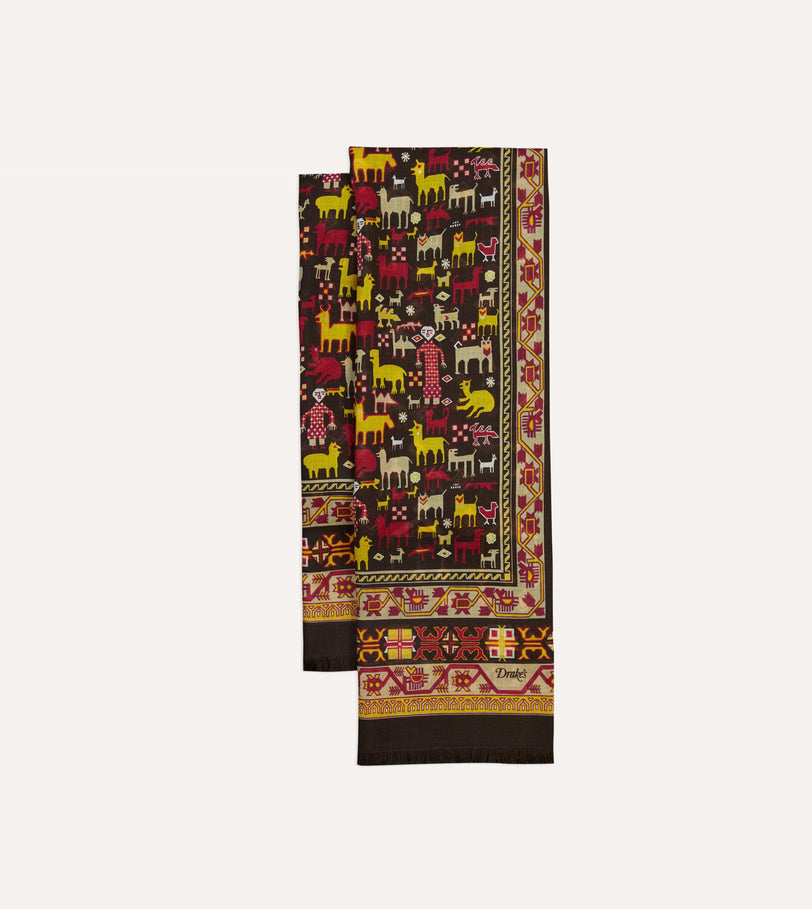 Brown Shaman Print Tubular Wool-Silk Scarf
