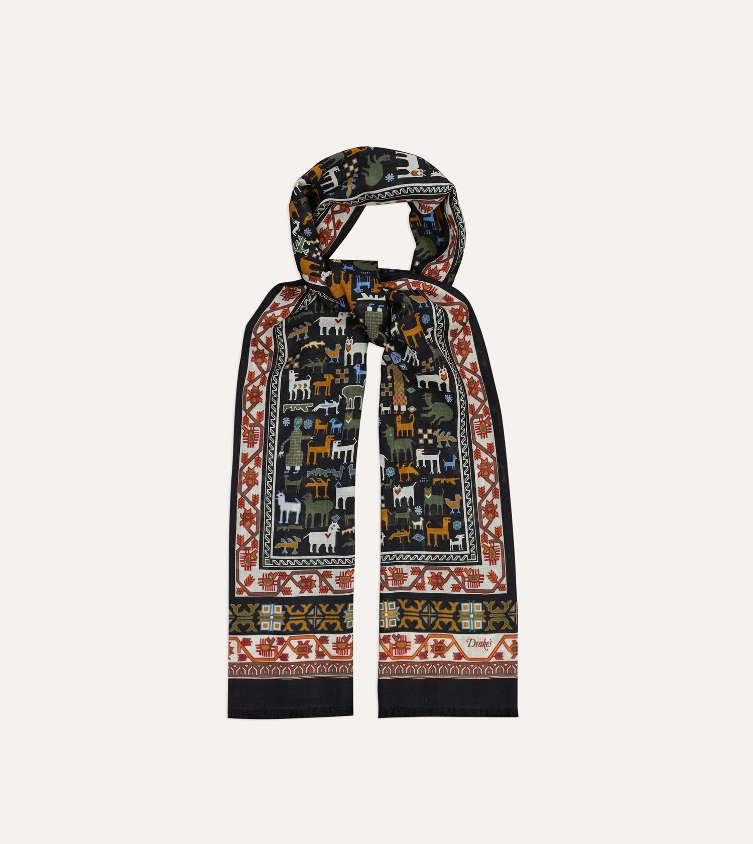 Black Shaman Print Tubular Wool-Silk Scarf