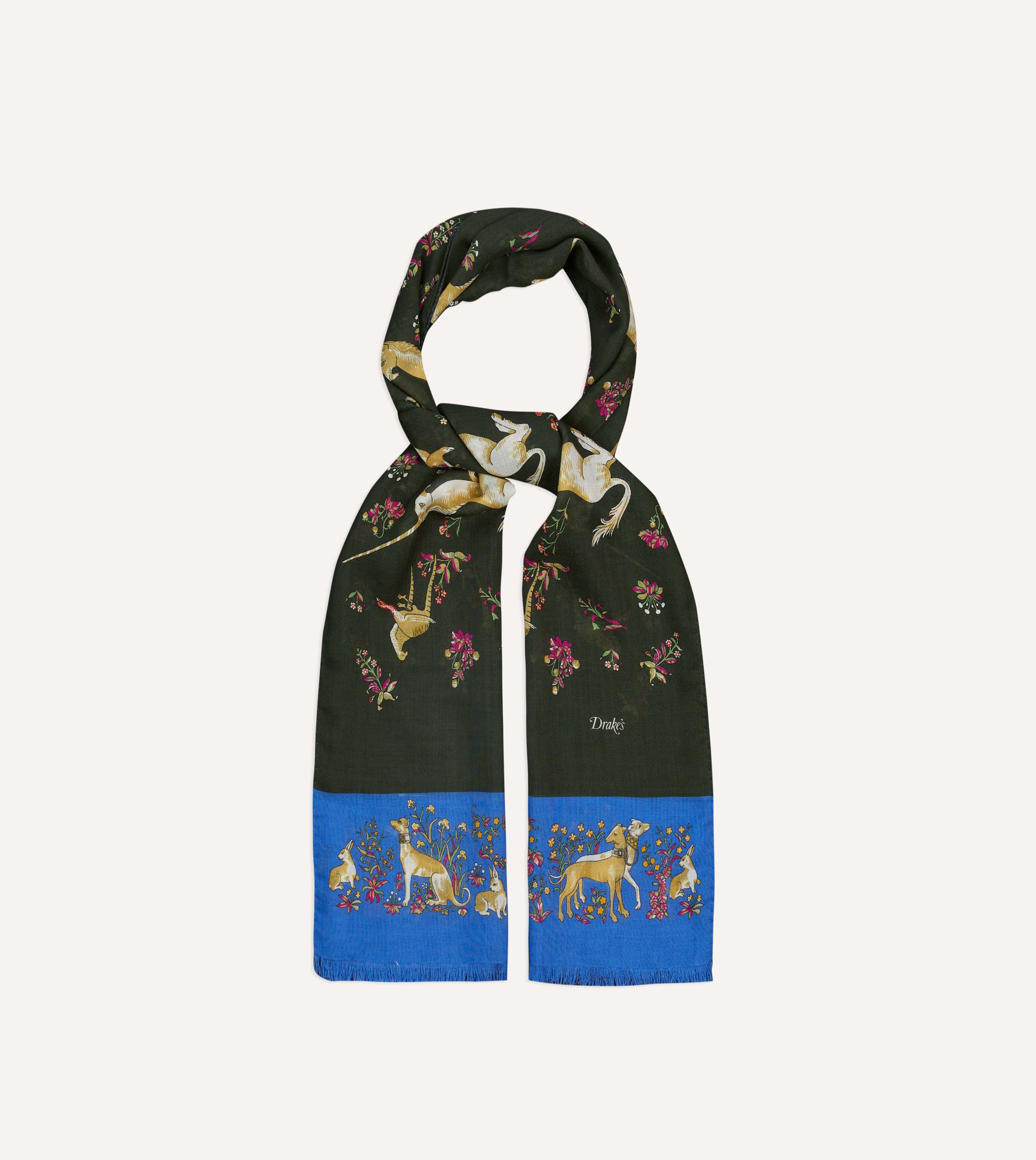 Green and Blue Unicorn Print Tubular Wool Silk Scarf
