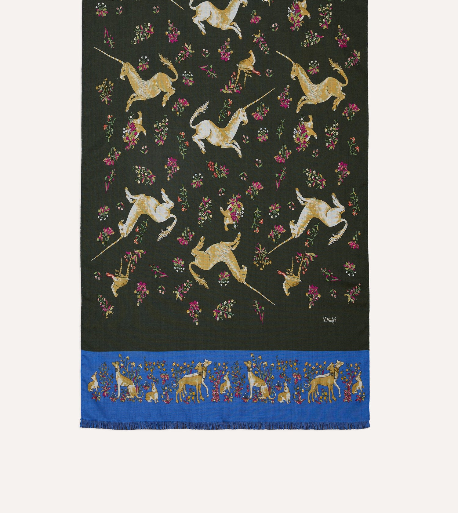 Green and Blue Unicorn Print Tubular Wool Silk Scarf