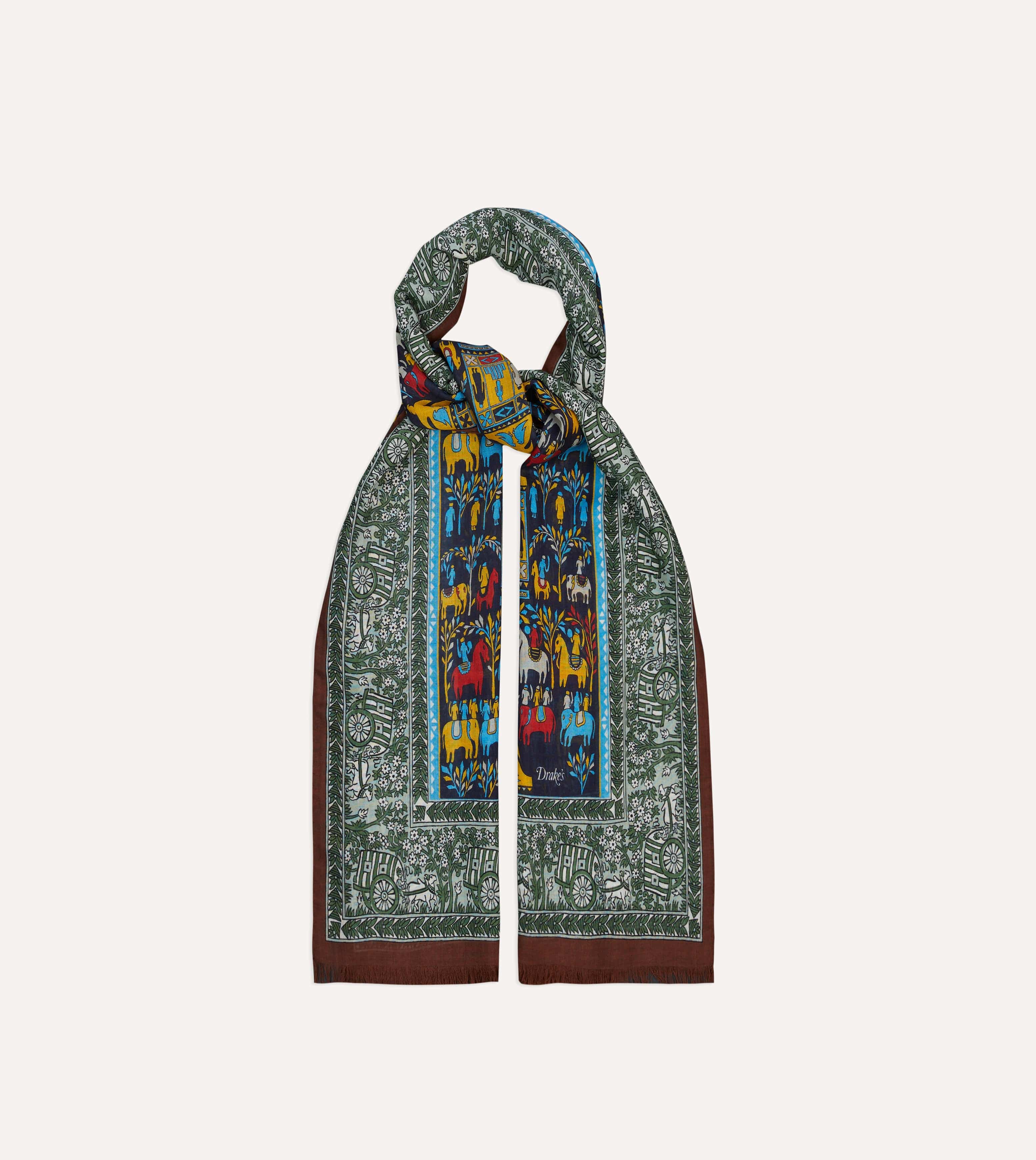 Navy Elephant Village Print Wool-Silk Scarf